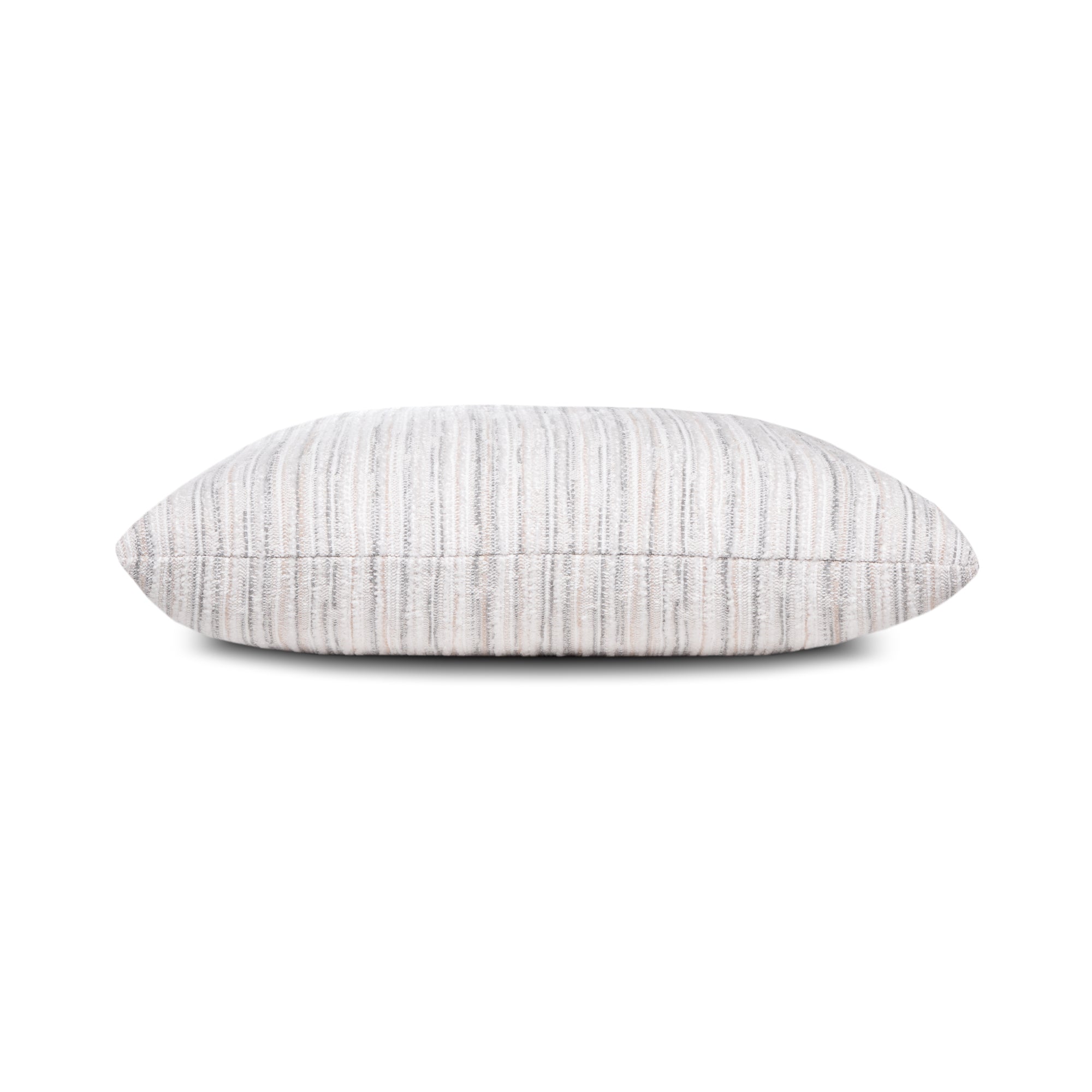 Side image of White and gray striped with cheniile outdoor pillow square size for stylish indoor and outdoor decor