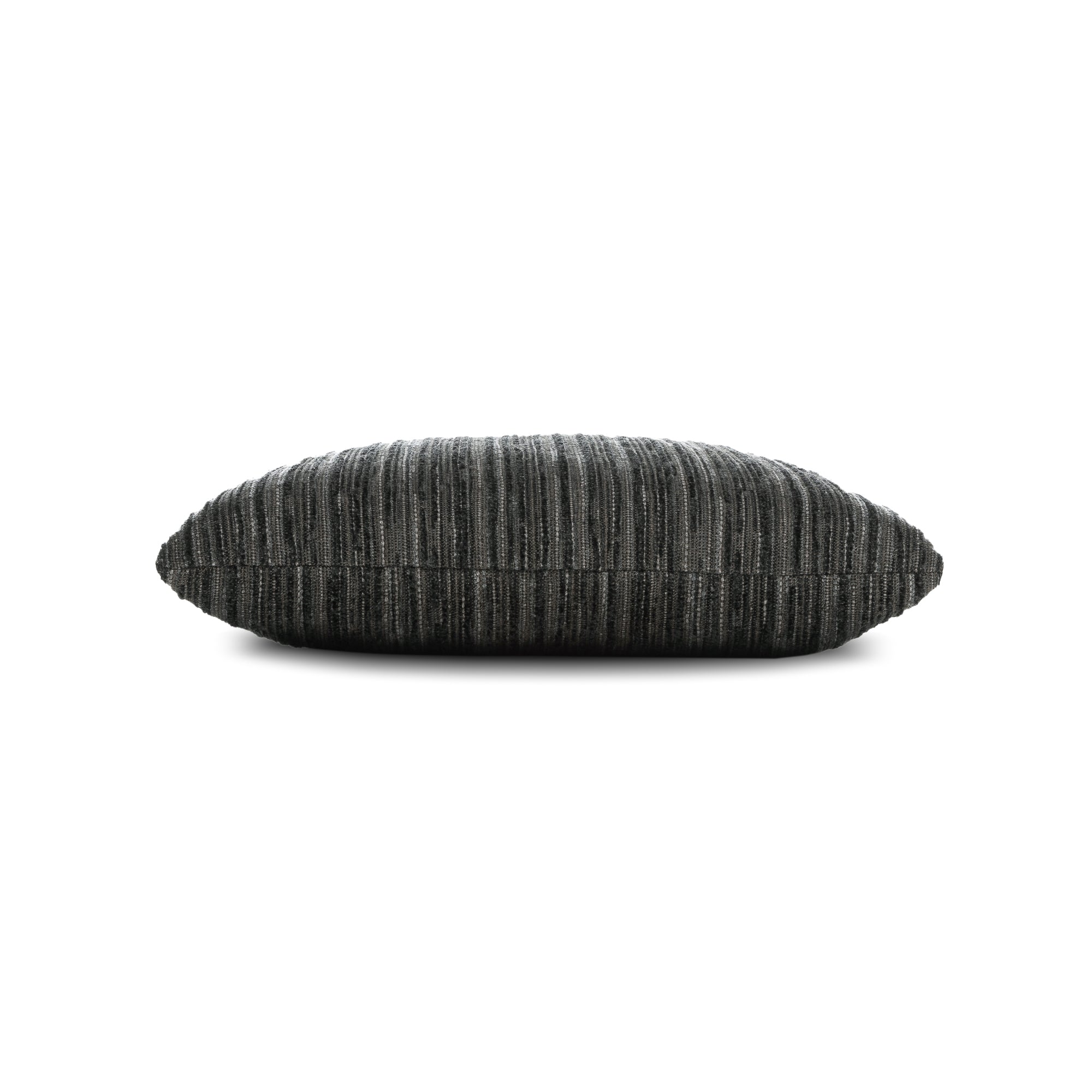 Side image of Black stripe with chenille outdoor pillow square size for sophisticated indoor and outdoor decor