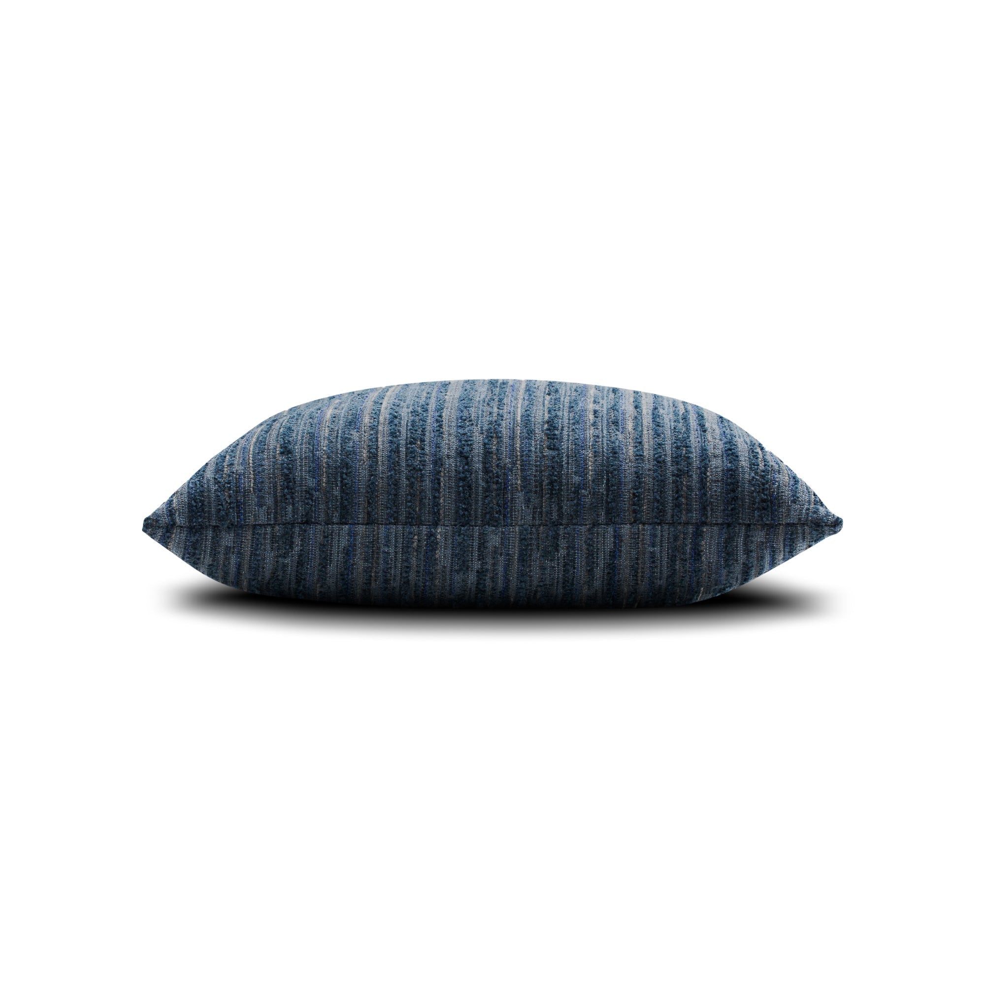Side image of Indigo striped with chenille outdoor pillow square size for coastal indoor and outdoor decor