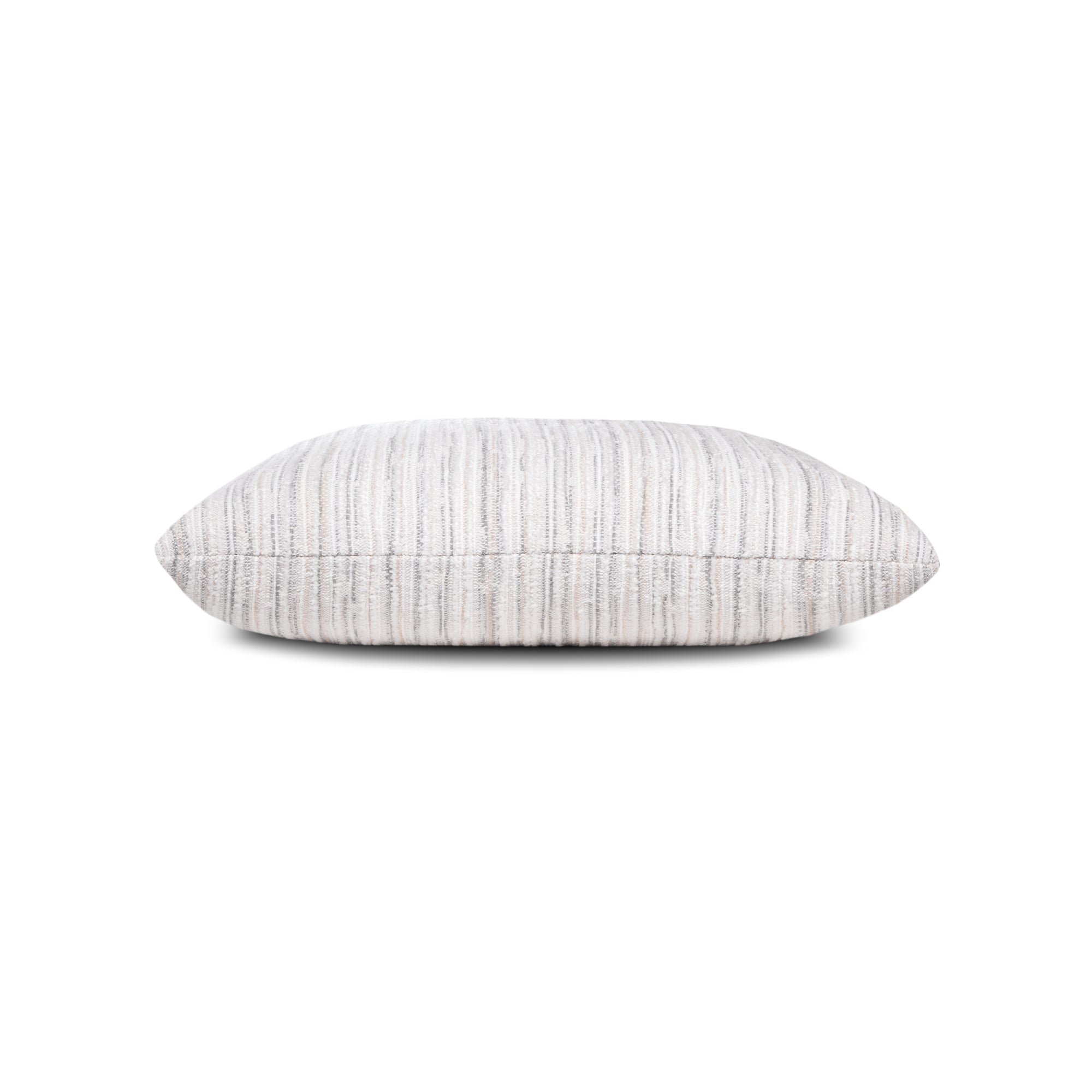 Side image of White and gray striped with cheniile outdoor pillow square size for modern indoor and outdoor decor