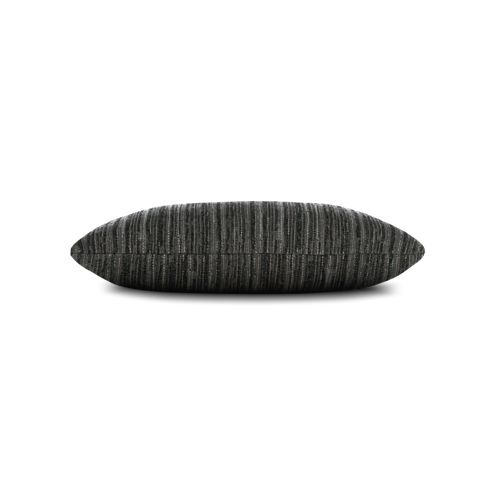 Side image of Black stripe with chenille outdoor pillow lumbar size for contemporary indoor and outdoor decor
