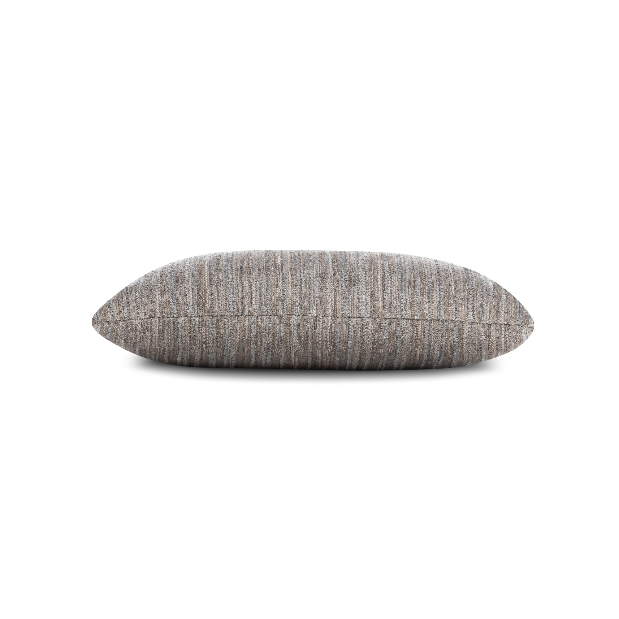 Side image of Pewter striped with cheniile outdoor pillow lumbar size for neutral indoor and outdoor decor