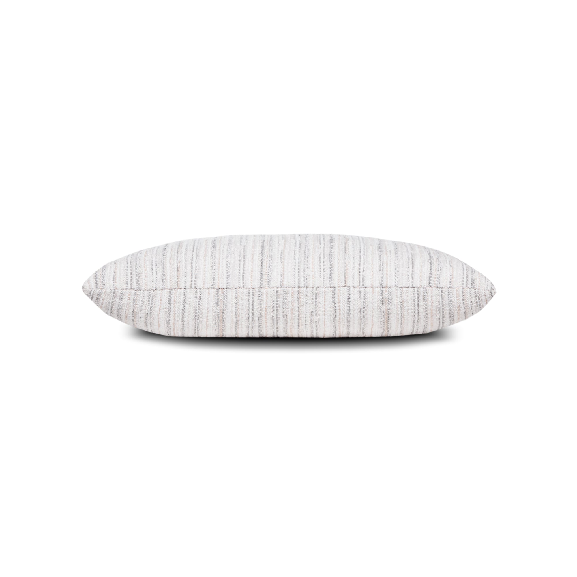 Side image of White and gray striped with cheniile outdoor pillow lumbar size for elegant indoor and outdoor decor