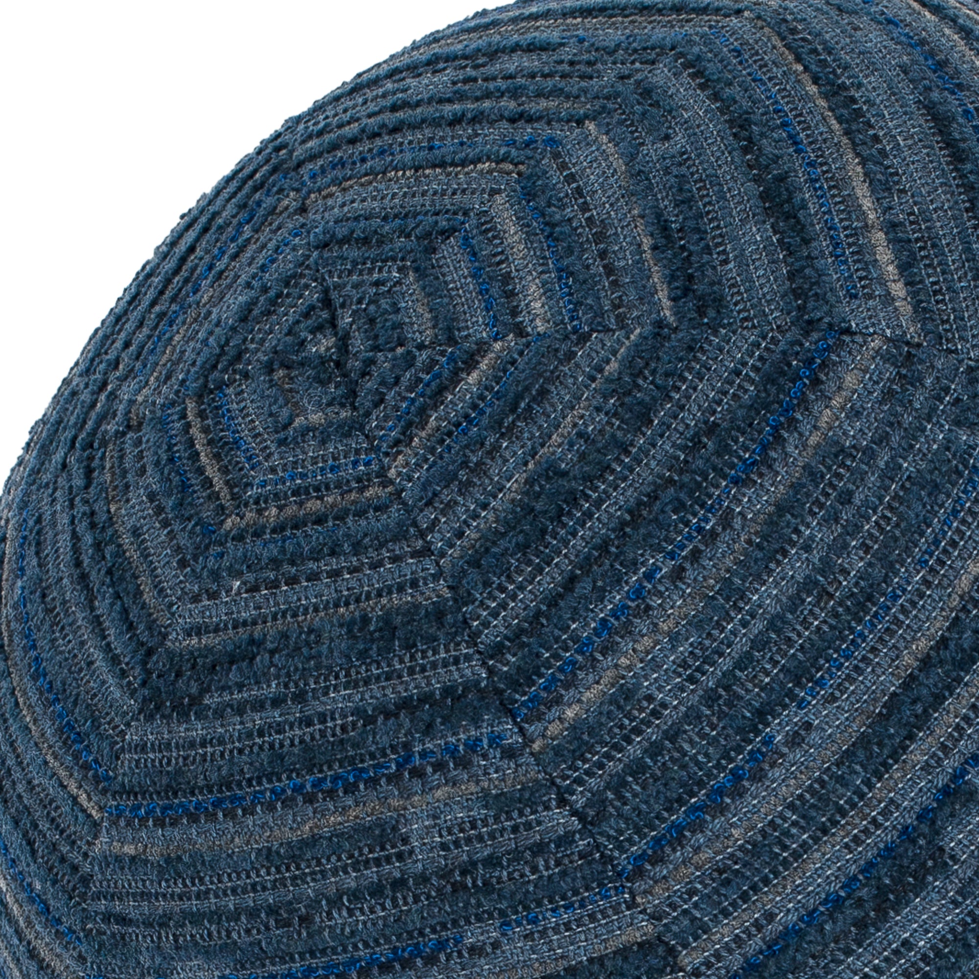 Detail image of Round indigo striped outdoor pillow with chenille and textured finish for chic indoor and outdoor decor by Elaine Smith