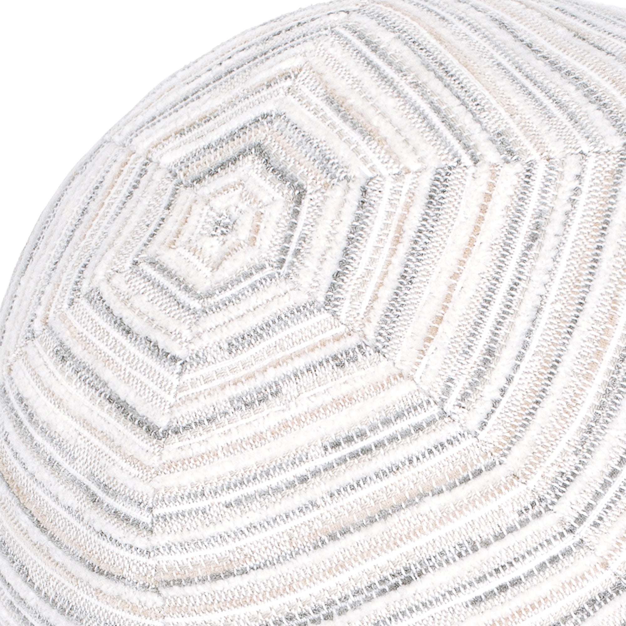 Detail image of White and gray striped with cheniile outdoor pillow round size for classic indoor and outdoor decor by Elaine Smith
