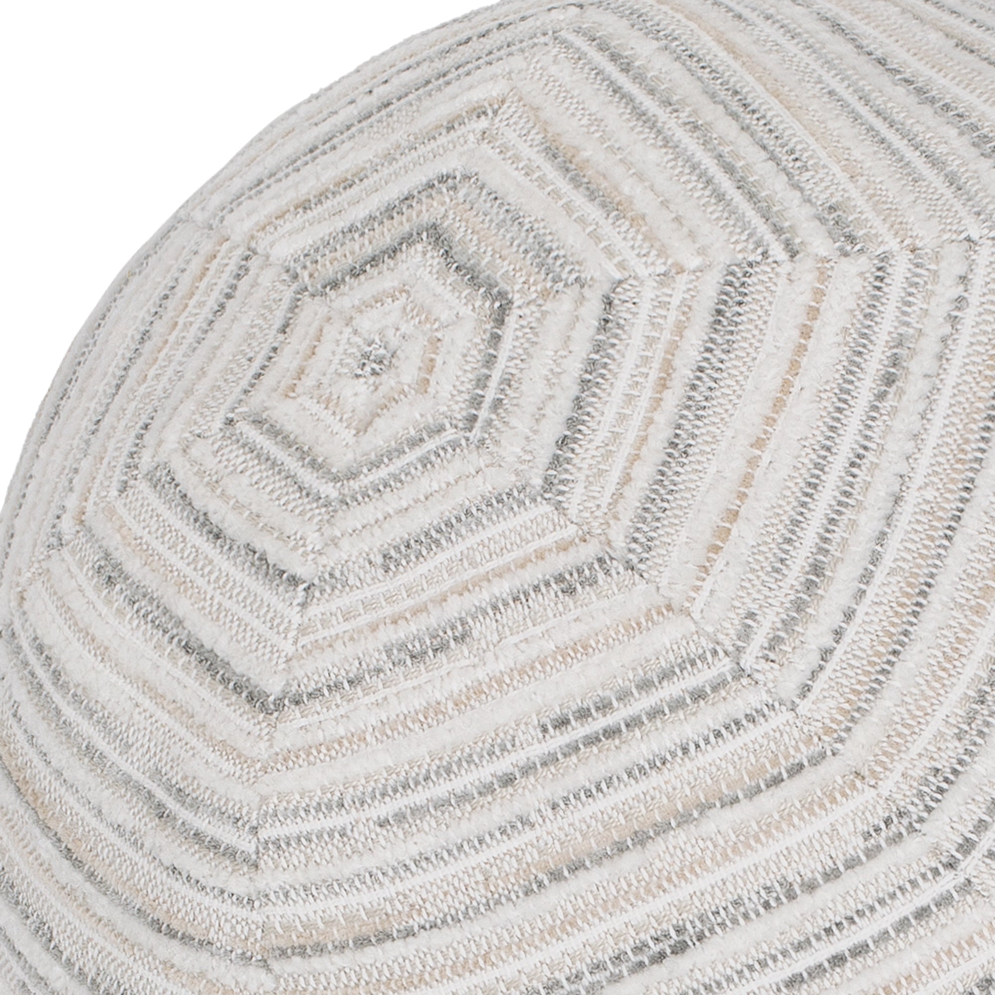 Detail image of White and gray striped with cheniile outdoor pillow round size for classic indoor and outdoor decor by Elaine Smith