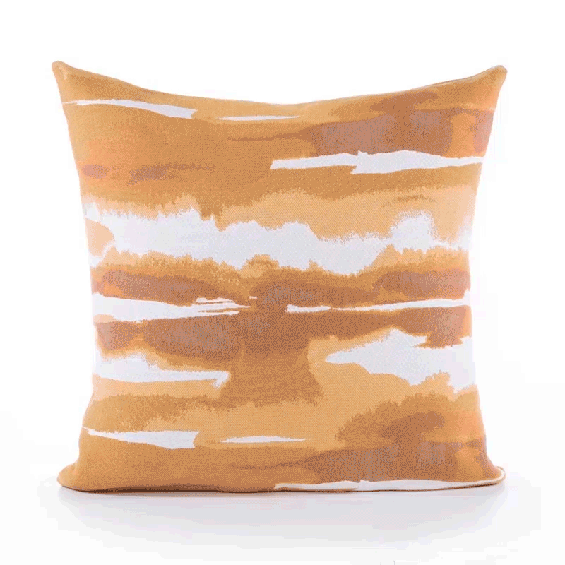 360 video of Orange and ivory outdoor pillow with sunset stripe pattern square size for coastal patio decor