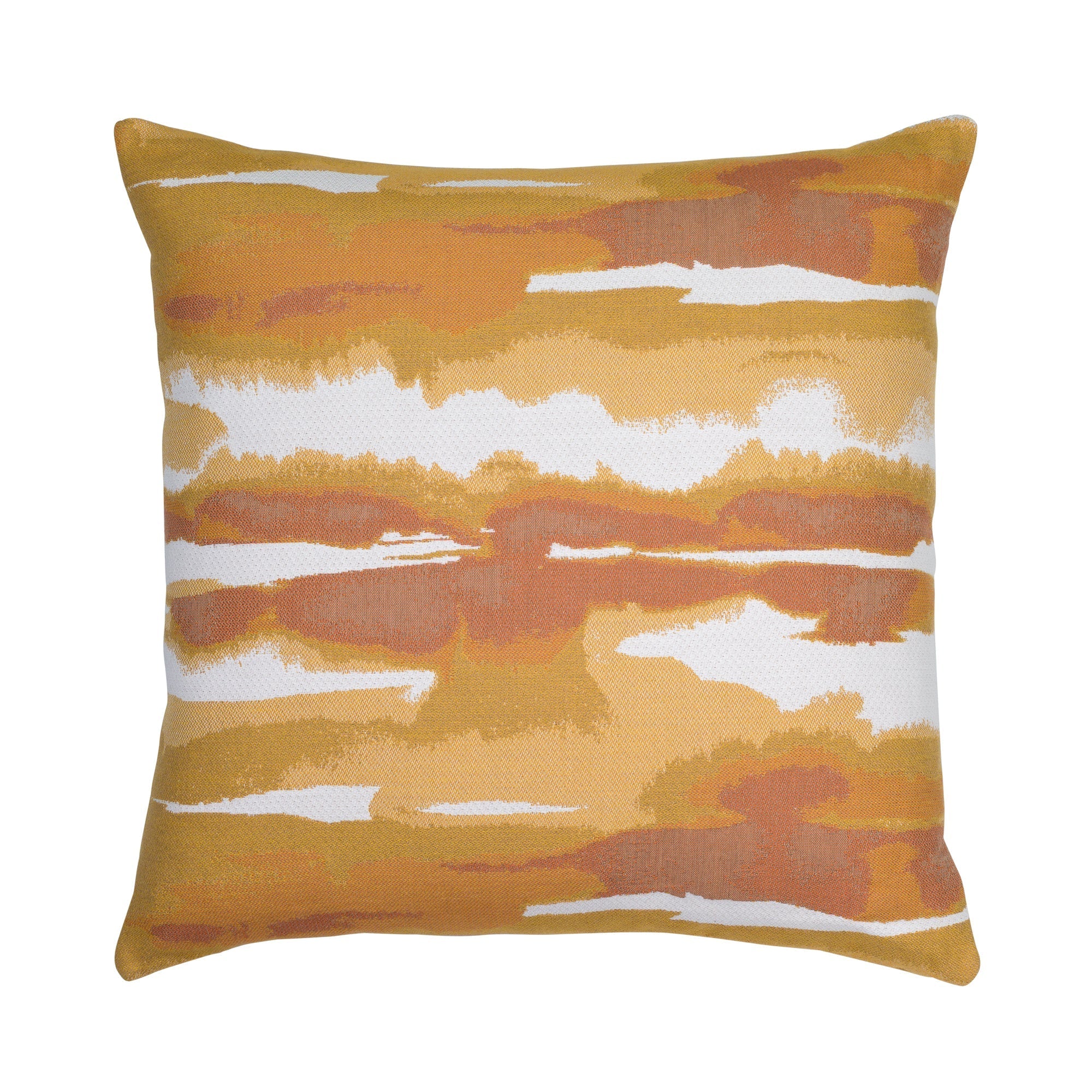 Orange and ivory outdoor pillow with sunset stripe pattern square size for coastal patio decor
