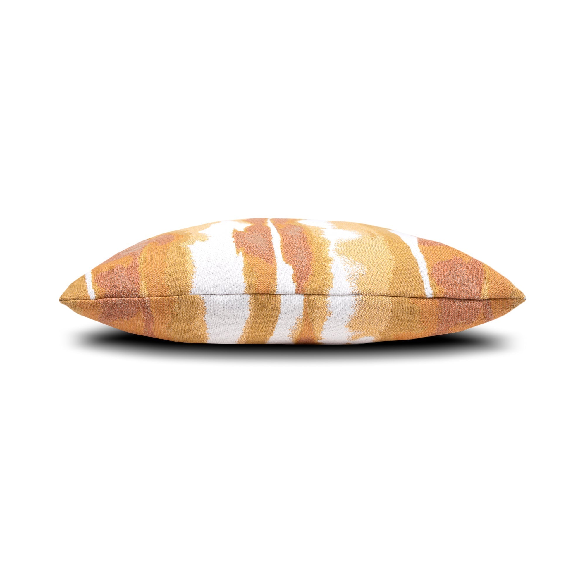 Side image of Orange and ivory outdoor pillow with sunset stripe pattern square size for coastal patio decor