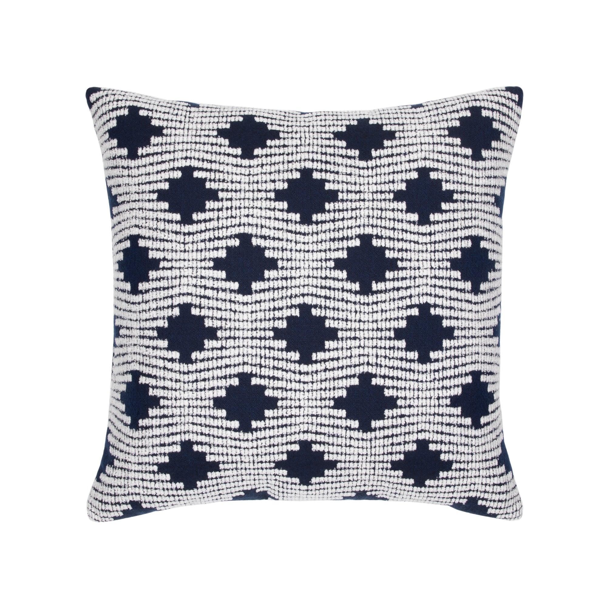 Pillow made from Navy indigo woven fabric with bold wave pattern in thick chenille for outdoor safe use