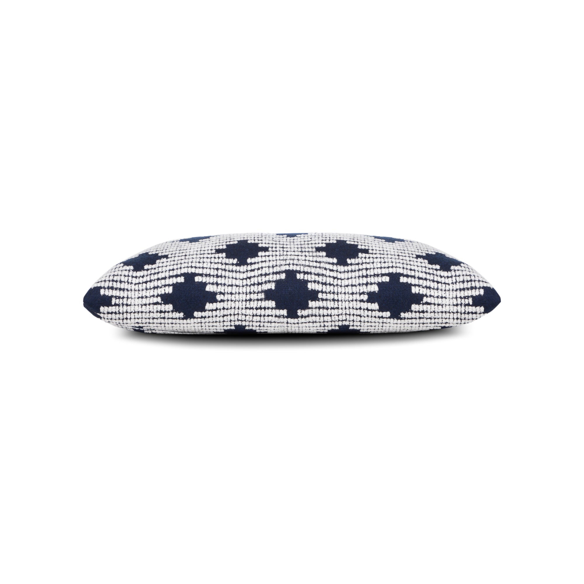 Side image of Navy lattice pillow lumbar size for sophisticated indoor and outdoor decor