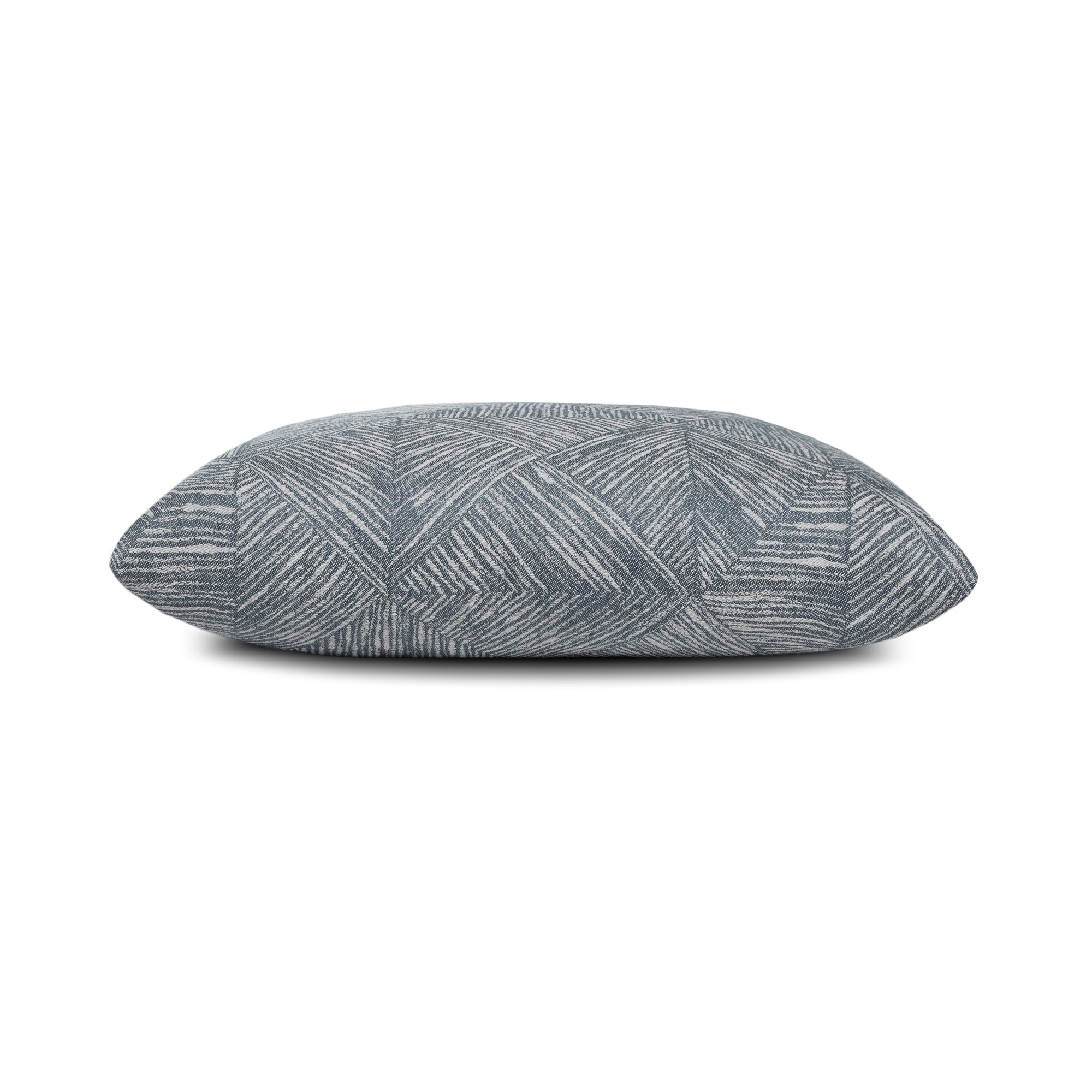 Side image of Blue and gray geometric small scale pillow in square size for sophisticated indoor and outdoor decor