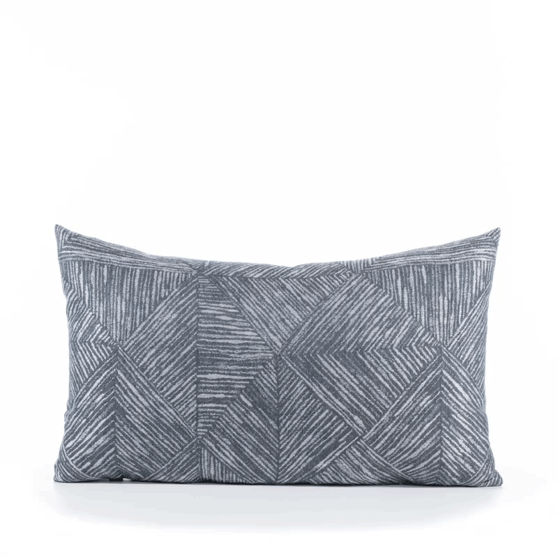 360 video of Blue and gray geometric small scale pillow in lumbar size for transitional indoor and outdoor decor