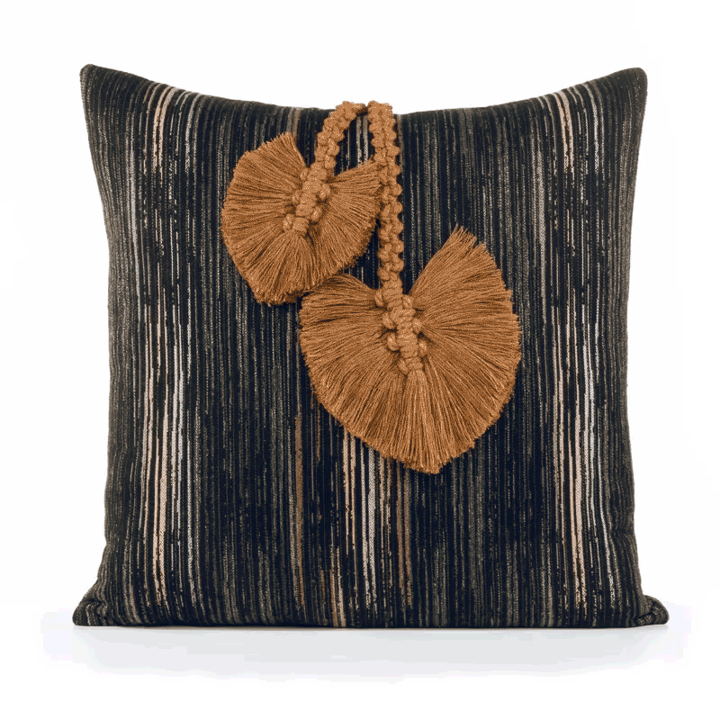 360 video of Black striped outdoor pillow with abstract macrame leaf design in rust square size for modern patio decor