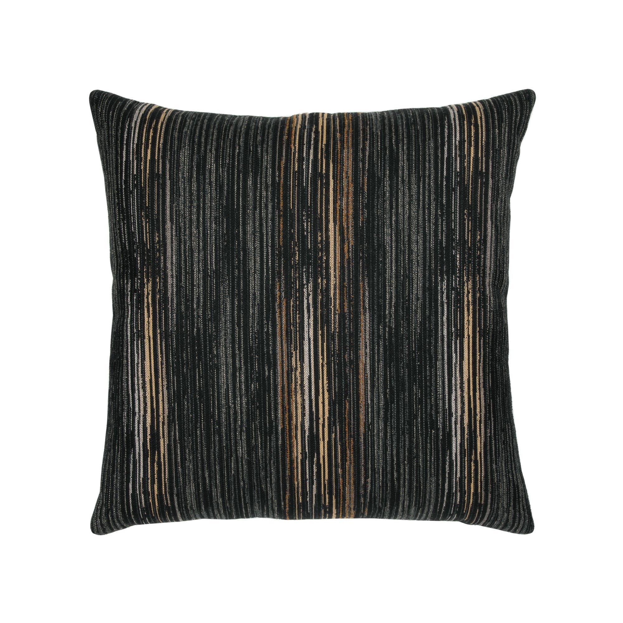 Back image of Black striped outdoor pillow with abstract macrame leaf design in rust square size for modern patio decor