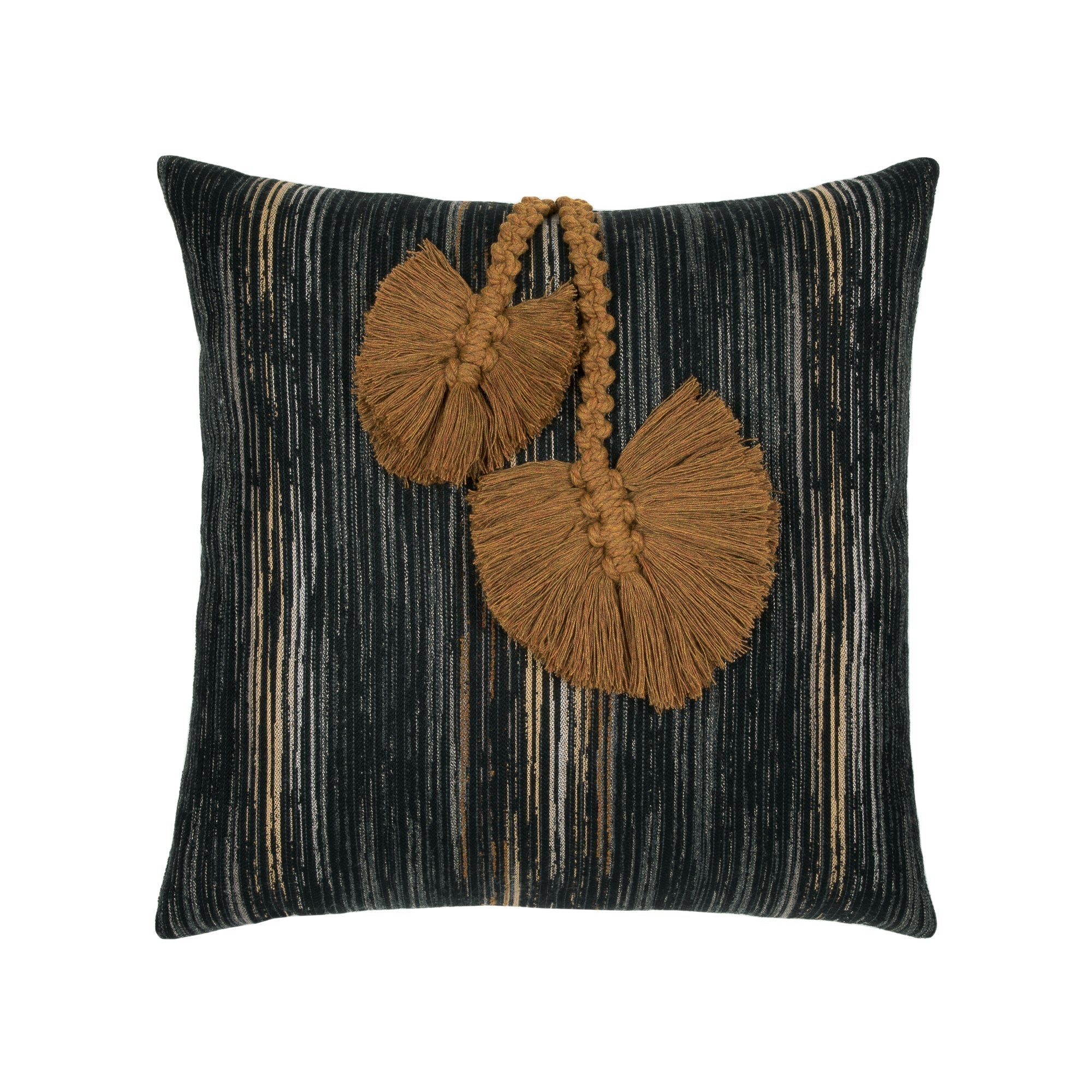 Black striped outdoor pillow with abstract macrame leaf design in rust square size for modern patio decor