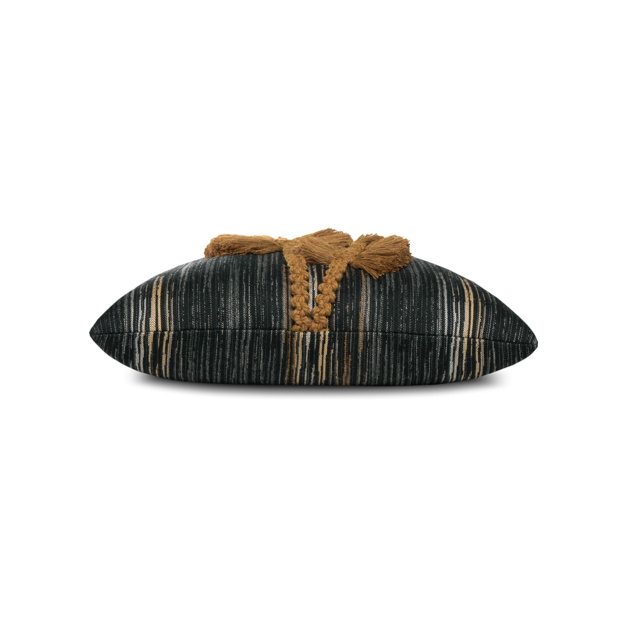 Side image of Black striped outdoor pillow with abstract macrame leaf design in rust square size for modern patio decor