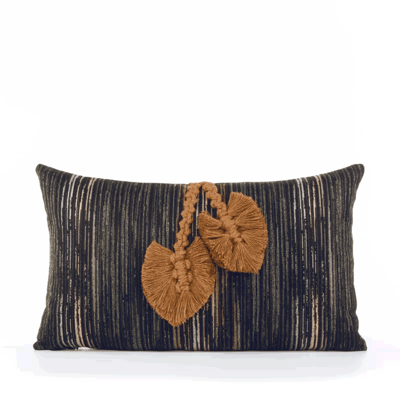 360 video of Black striped outdoor pillow with abstract macrame leaf design in rust lumbar size for artistic patio decor