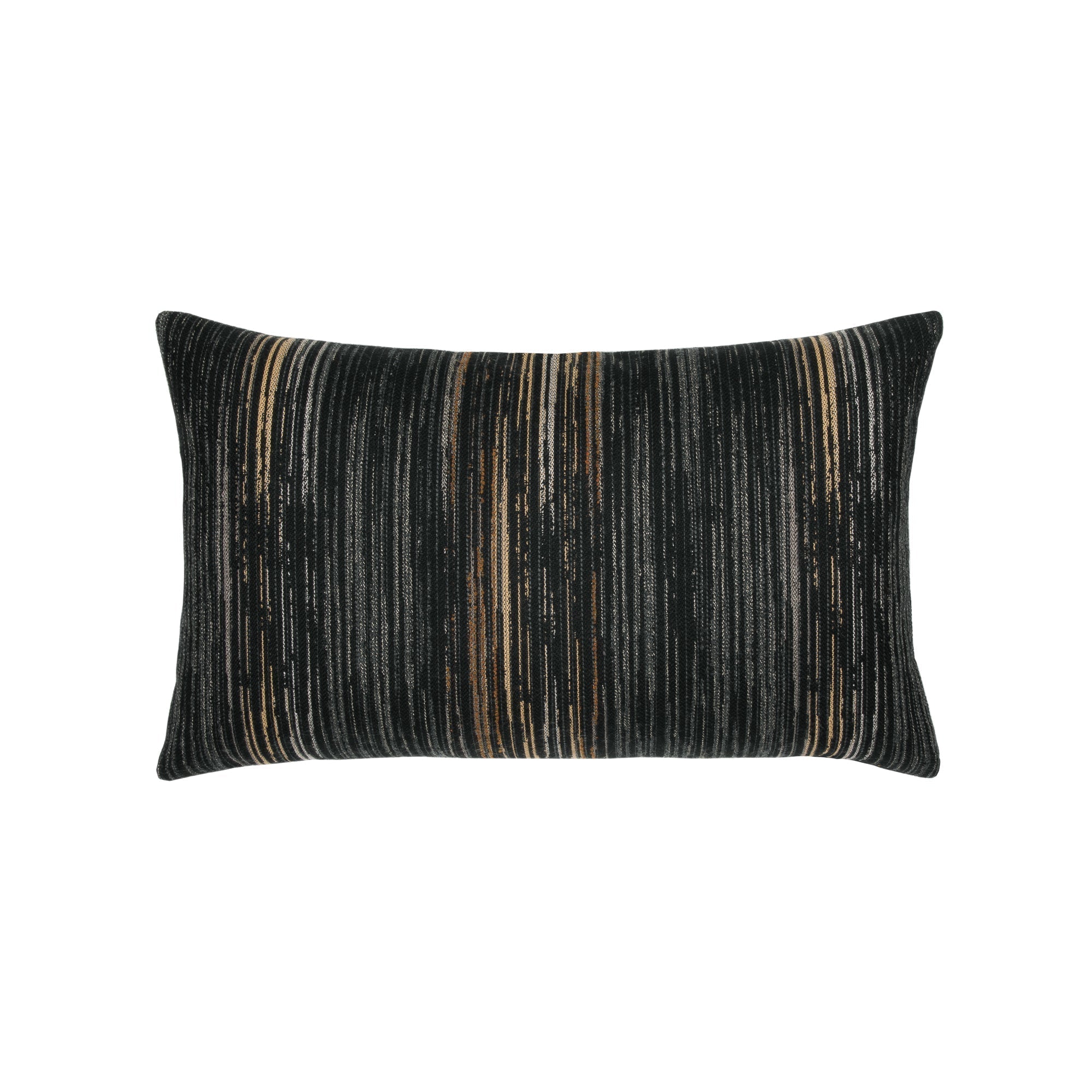 Back image of Black striped outdoor pillow with abstract macrame leaf design in rust lumbar size for artistic patio decor
