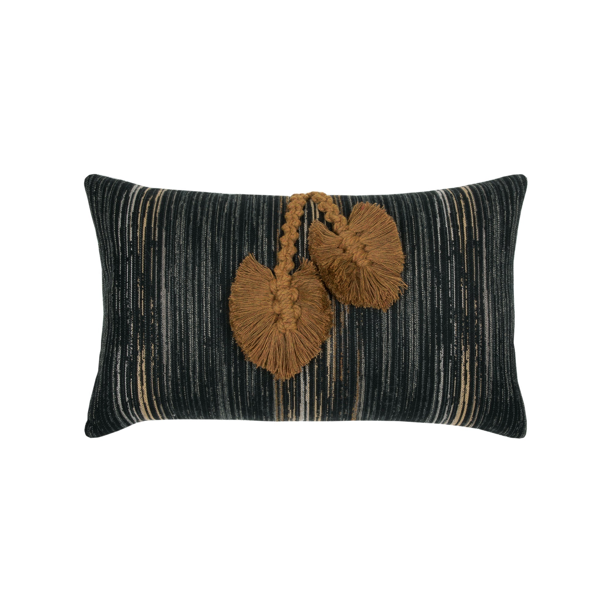 Black striped outdoor pillow with abstract macrame leaf design in rust lumbar size for artistic patio decor