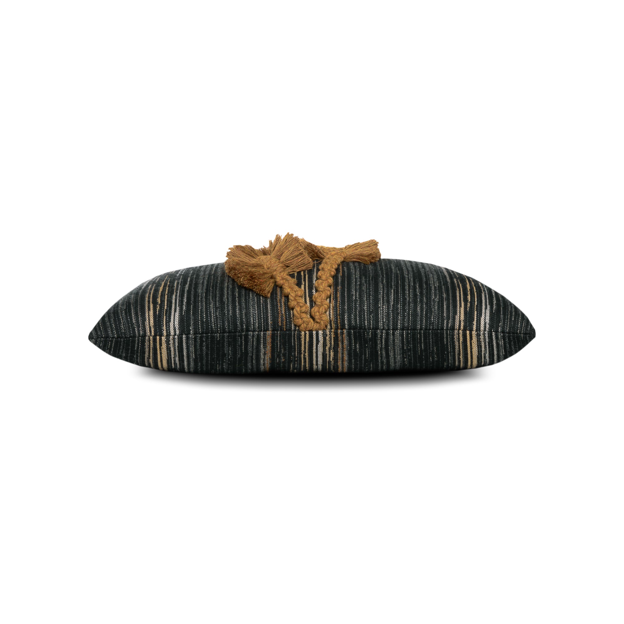 Side image of Black striped outdoor pillow with abstract macrame leaf design in rust lumbar size for artistic patio decor