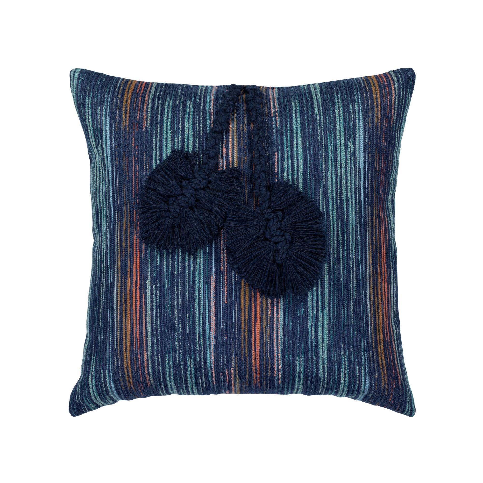 Navy striped outdoor pillow with abstract macrame leaf design in indigo square size for modern patio decor