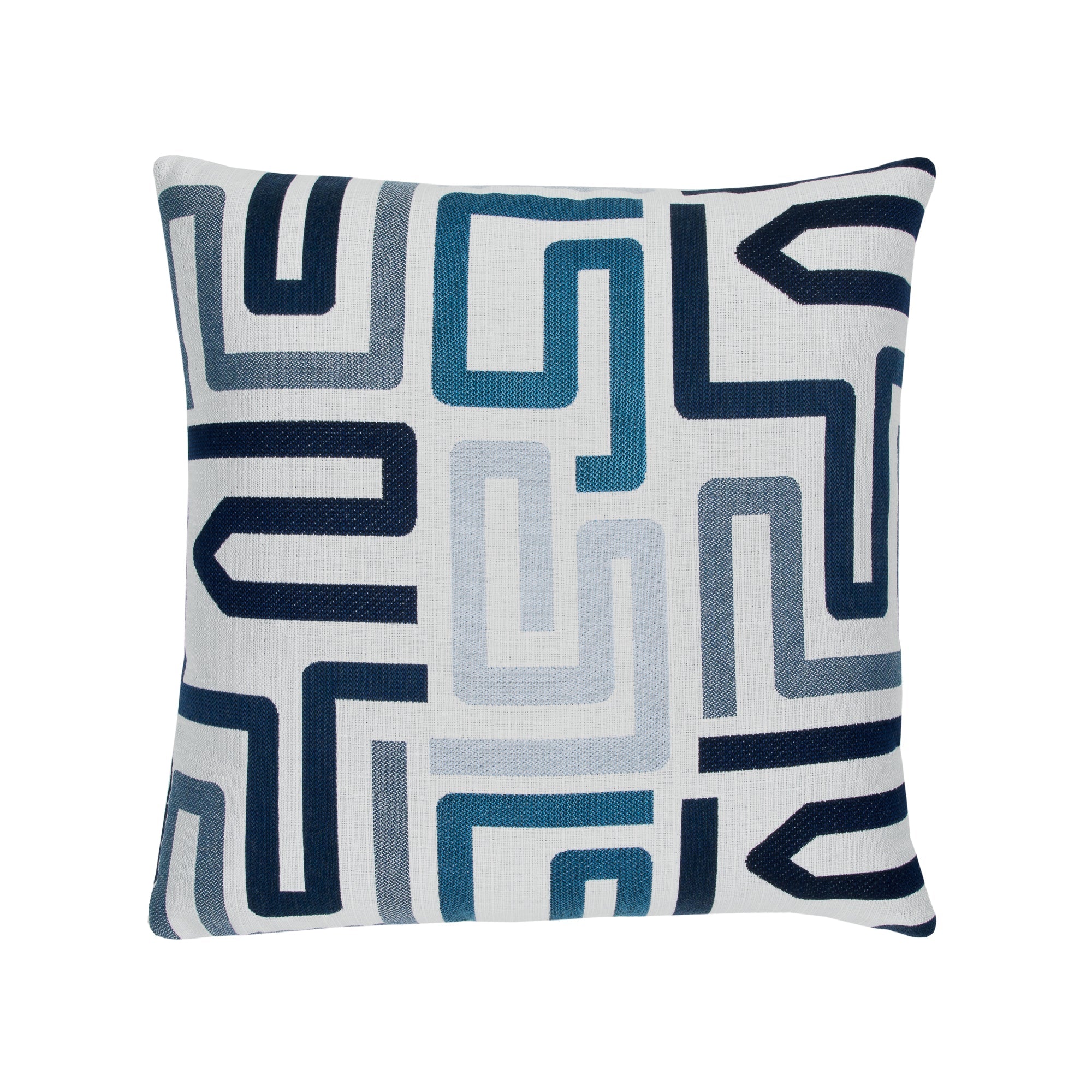 Pillow made from Abstract maze-like outdoor safe fabric in cool blue hues