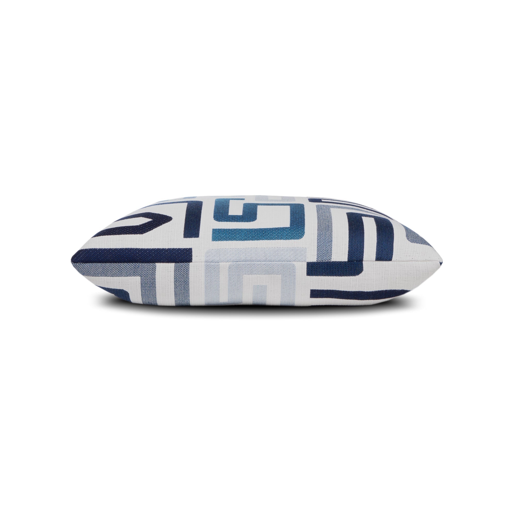 Side image of Navy and white geometric outdoor pillow for contemporary outdoor seating