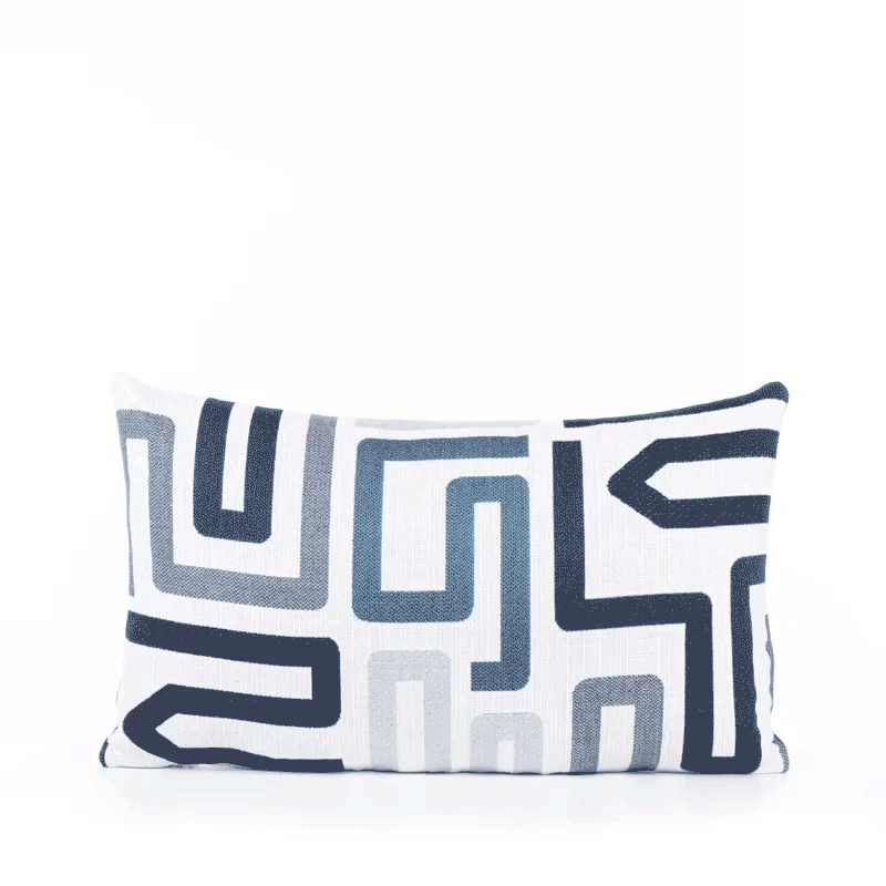 360 video of Blue geometric outdoor pillow with modern Greek key pattern for luxury patio decor