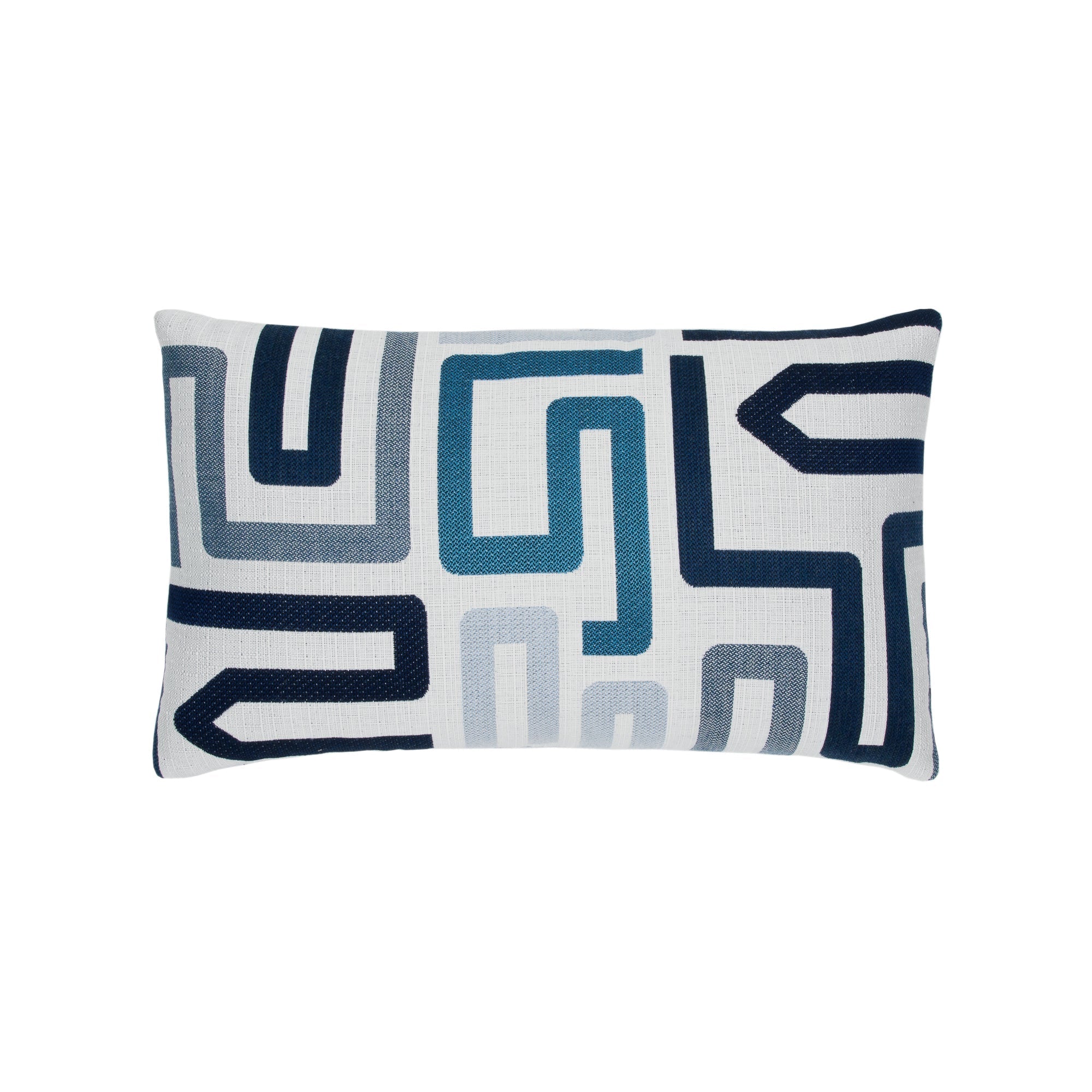 Blue geometric outdoor pillow with modern Greek key pattern for luxury patio decor