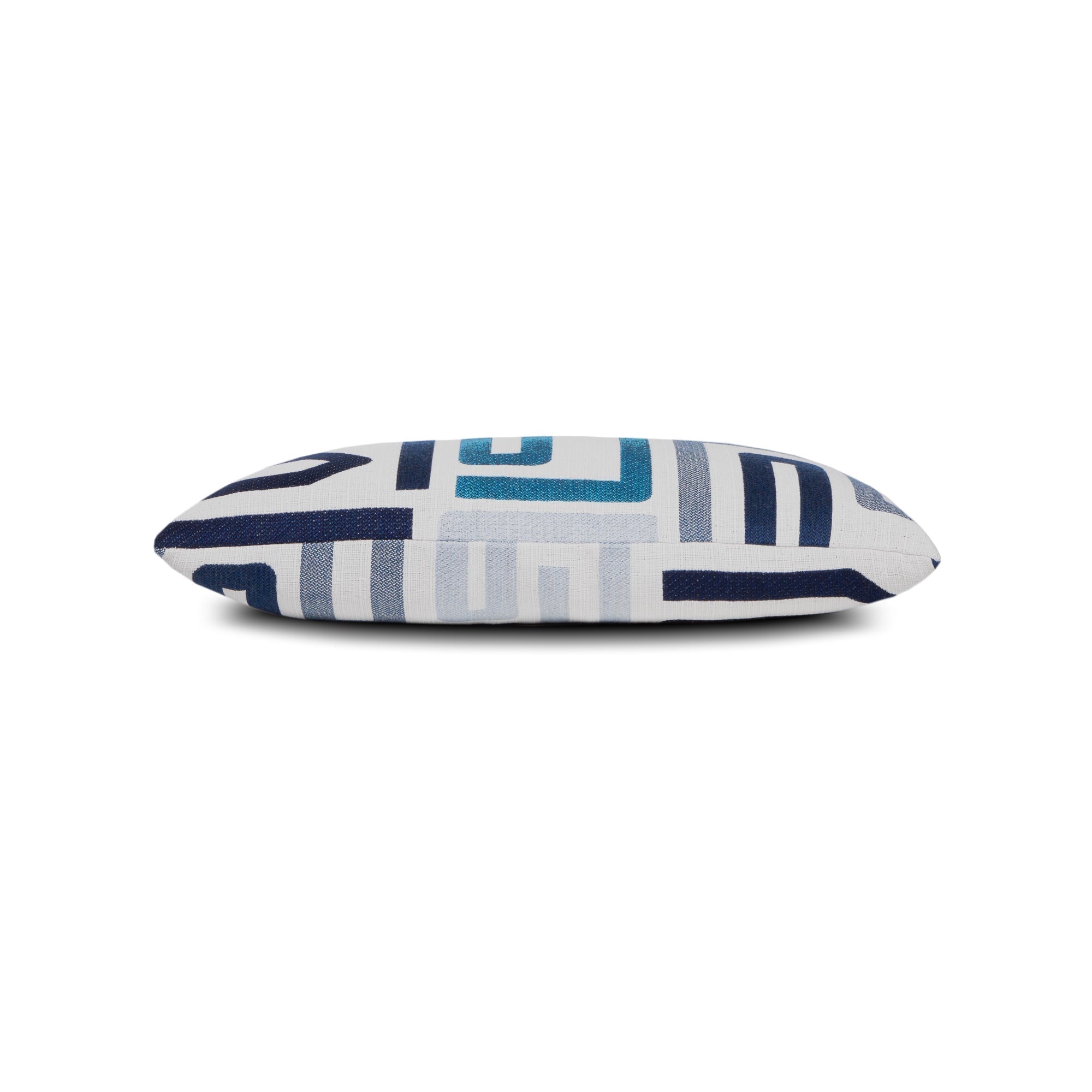 Side image of Blue geometric outdoor pillow with modern Greek key pattern for luxury patio decor