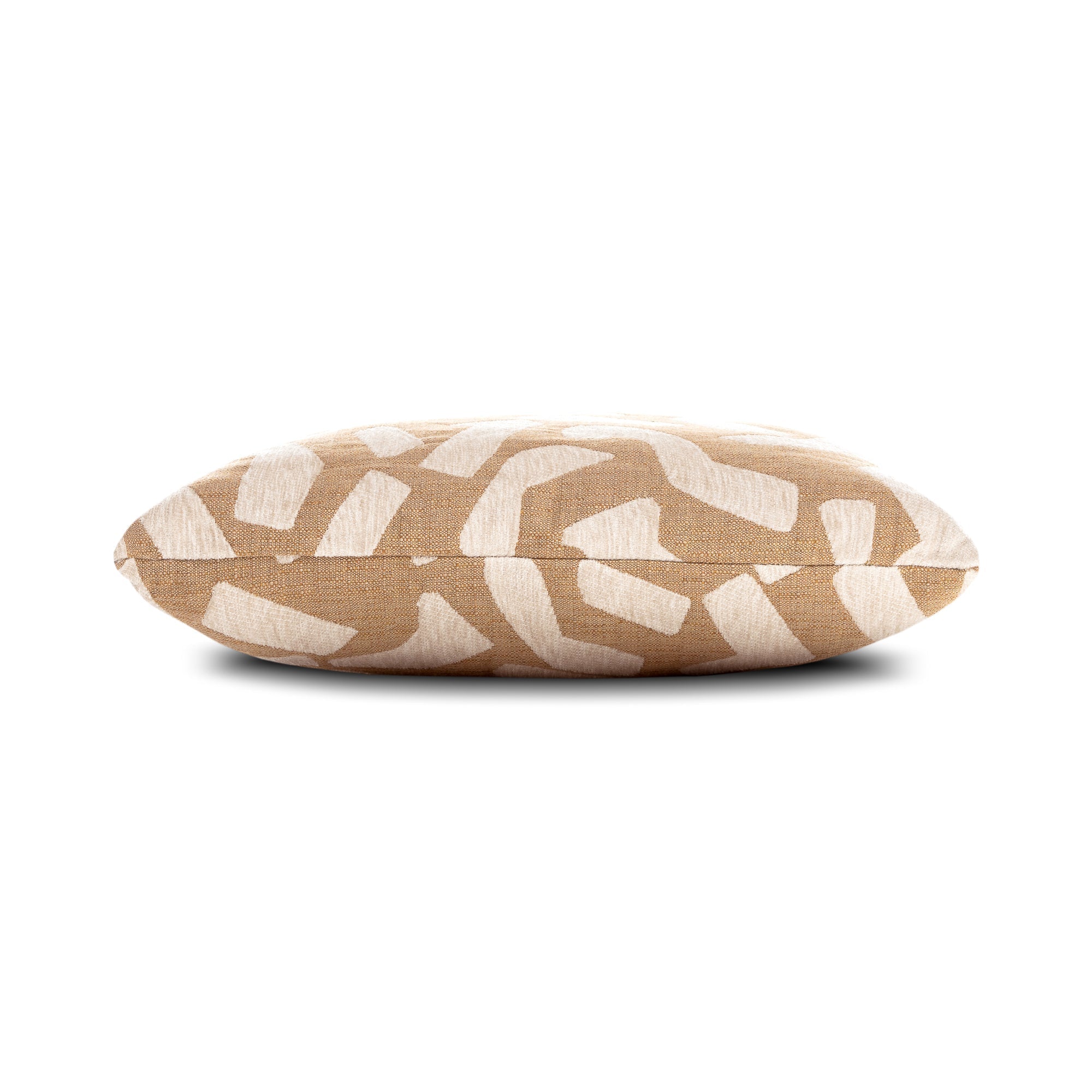 Side image of Caramel outdoor pillow with abstract design square size for contemporary patio decor