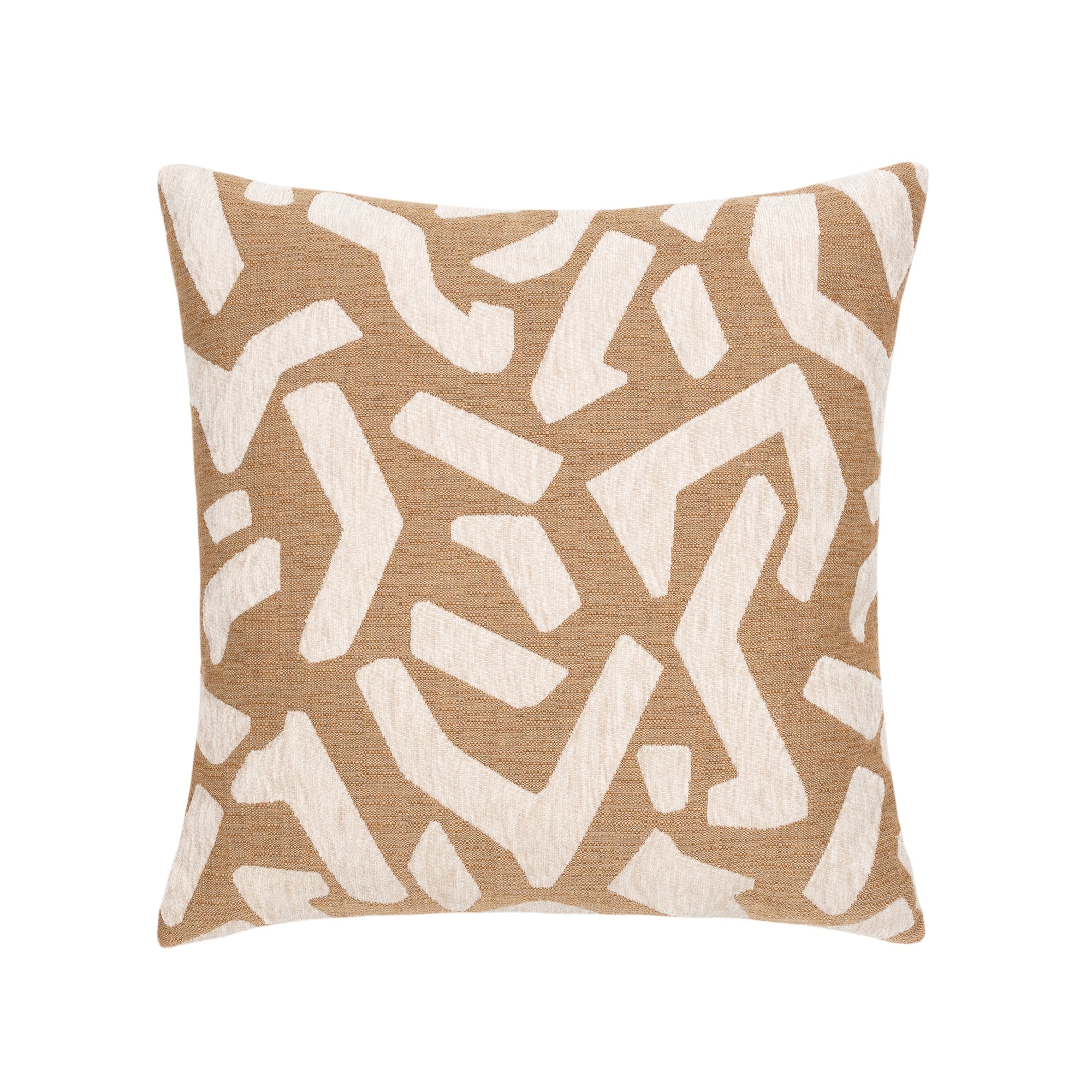 Pillow made from Outdoor safe woven fabric with caramel abstract angular shapes