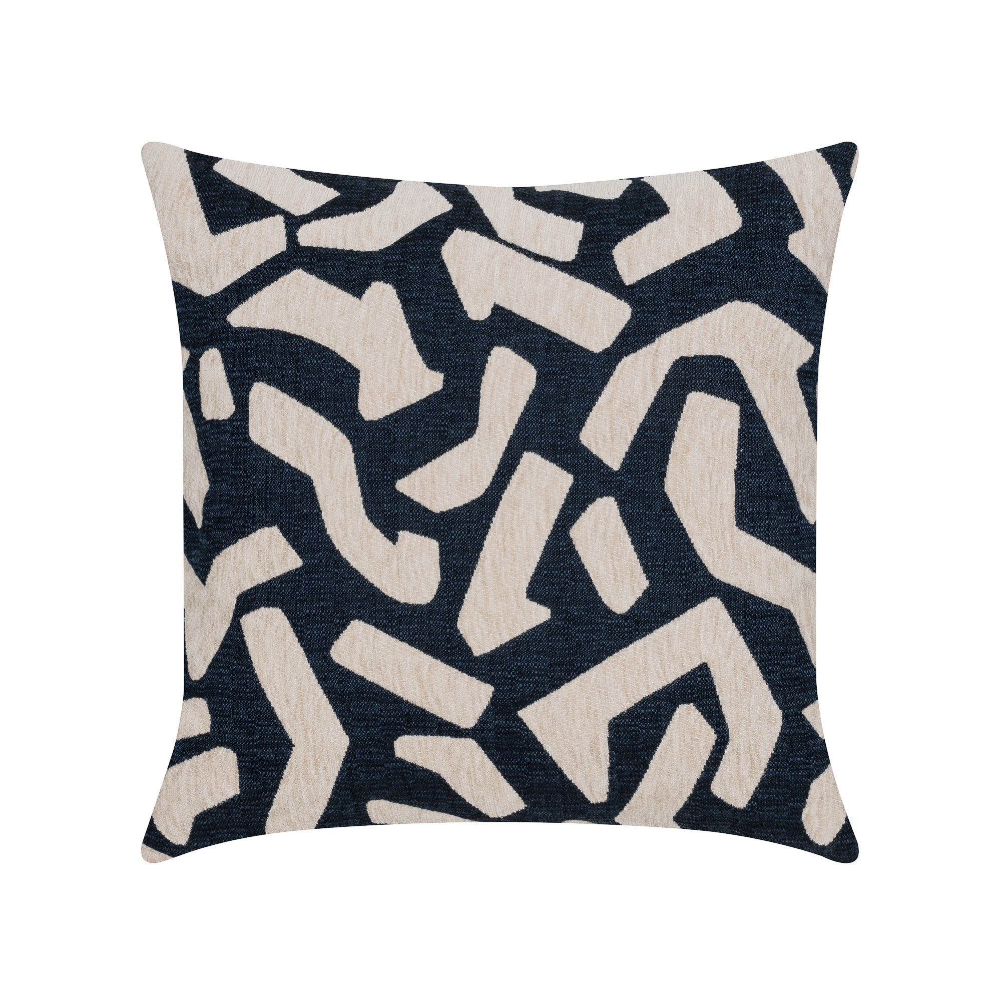 Back image of Navy outdoor pillow with abstract pattern square size for bold patio decor by Elaine Smith
