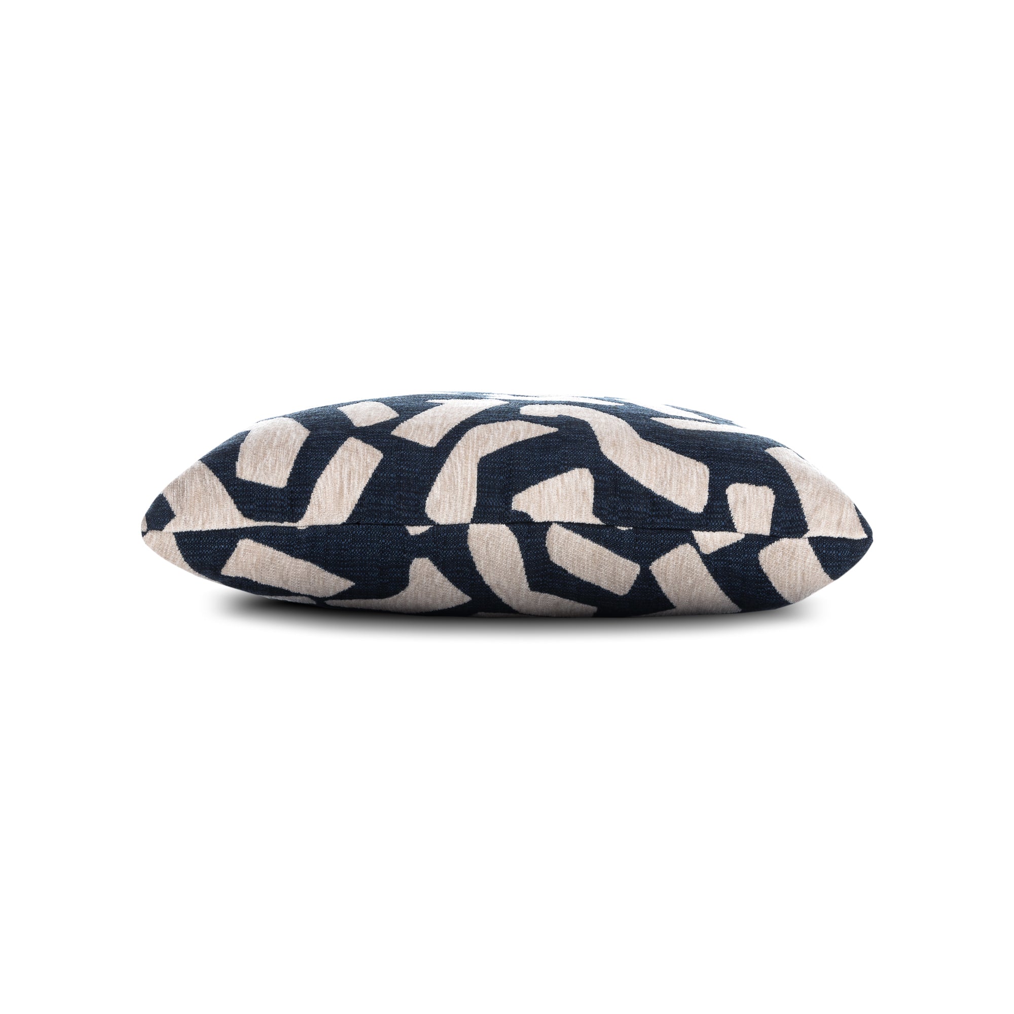 Side image of Navy outdoor pillow with abstract pattern square size for bold patio decor by Elaine Smith