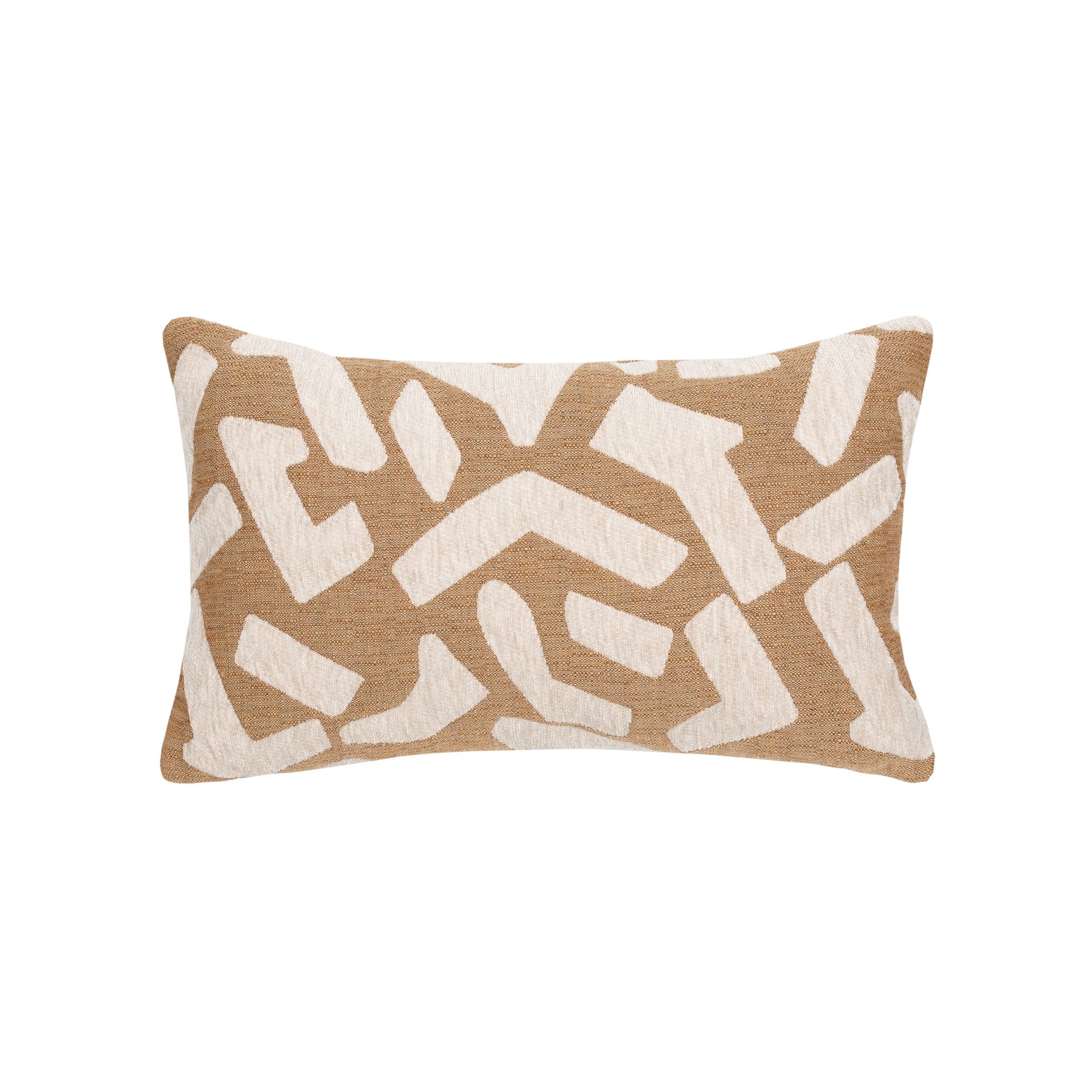 Caramel outdoor pillow with abstract pattern lumbar size for bold patio decor by Elaine Smith