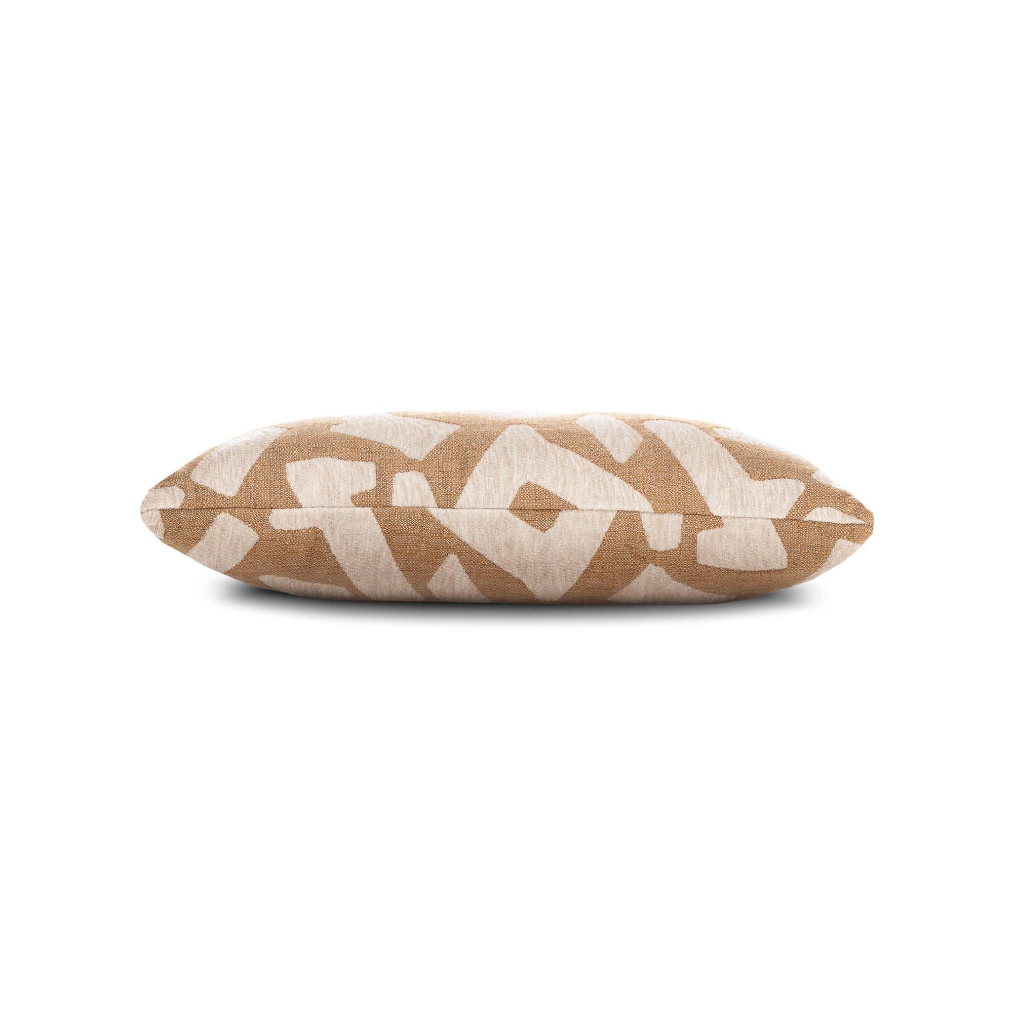 Side image of Caramel outdoor pillow with abstract pattern lumbar size for bold patio decor by Elaine Smith