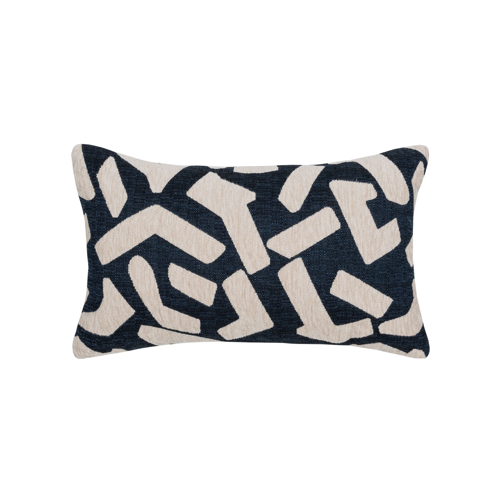 Back image of Navy outdoor pillow with abstract pattern lumbar size for bold patio decor by Elaine Smith