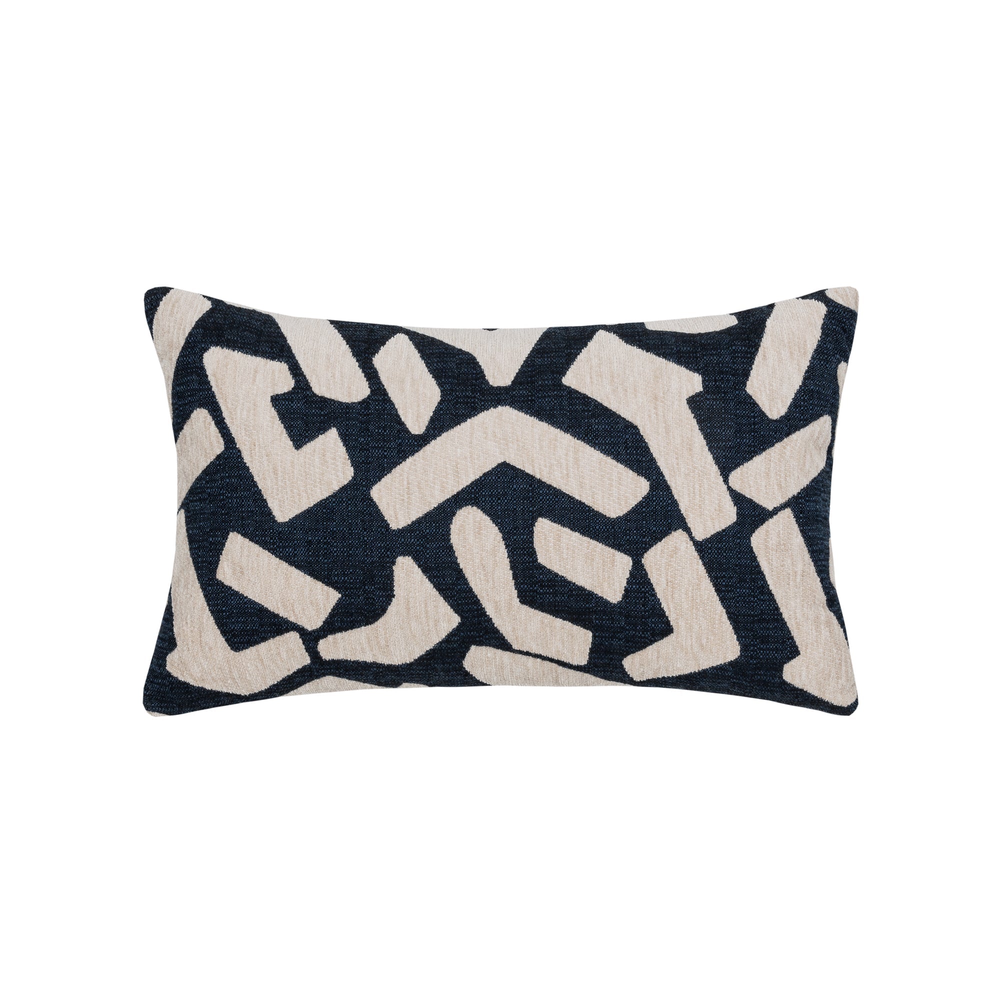 Navy outdoor pillow with abstract pattern lumbar size for bold patio decor by Elaine Smith