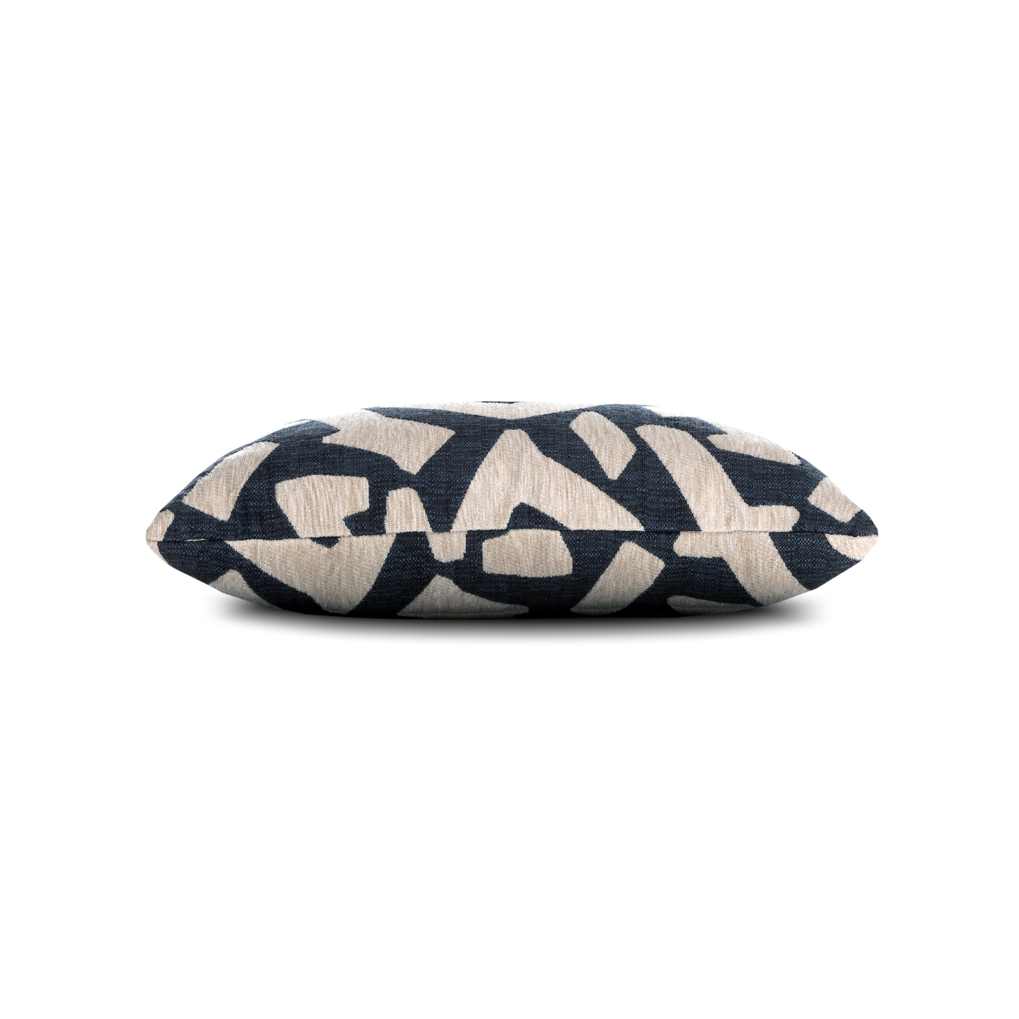 Side image of Navy outdoor pillow with abstract pattern lumbar size for bold patio decor by Elaine Smith