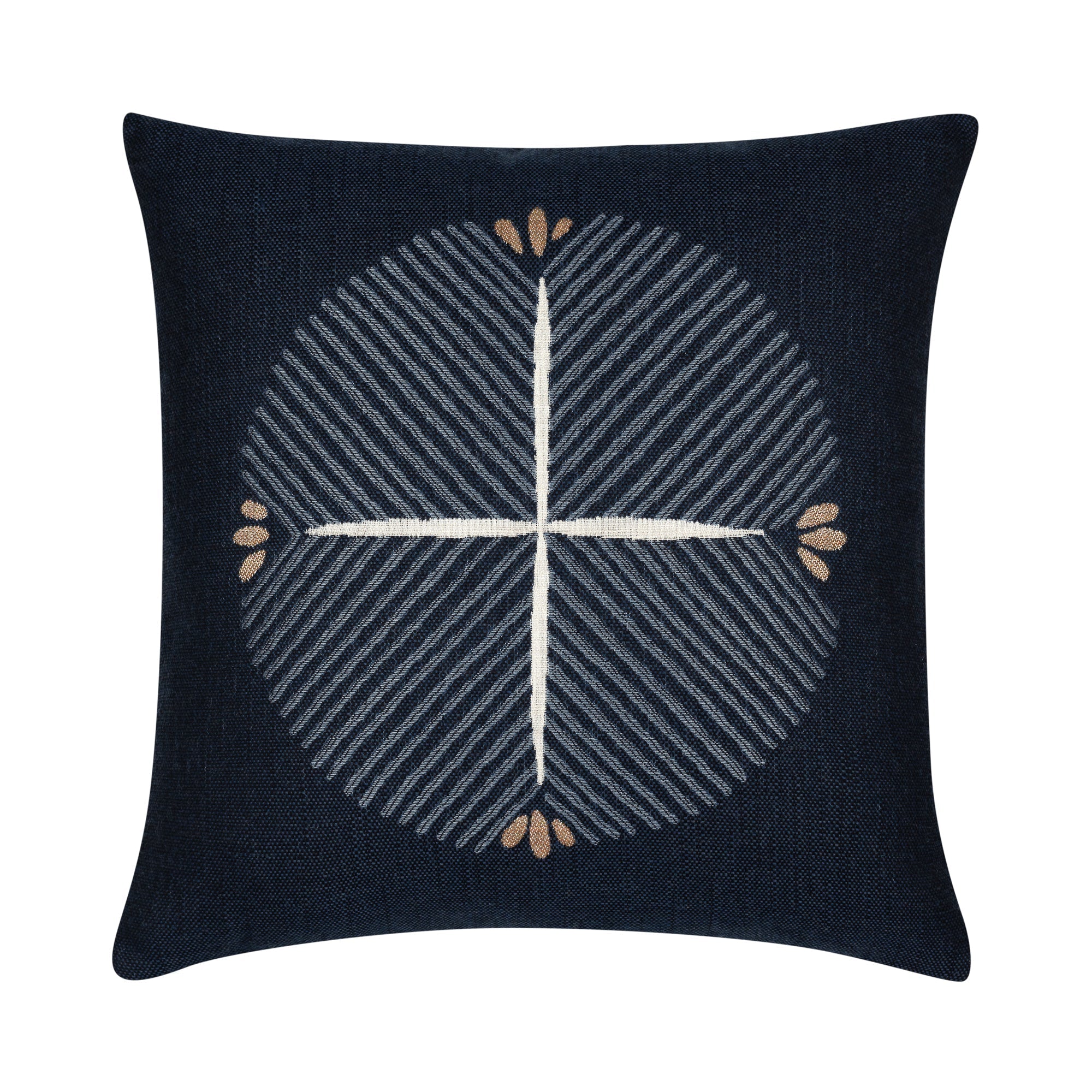 Front image of Indigo Compass woven pattern 22 inch pillow by Elaine Smith, good for indoor and outdoor décor.