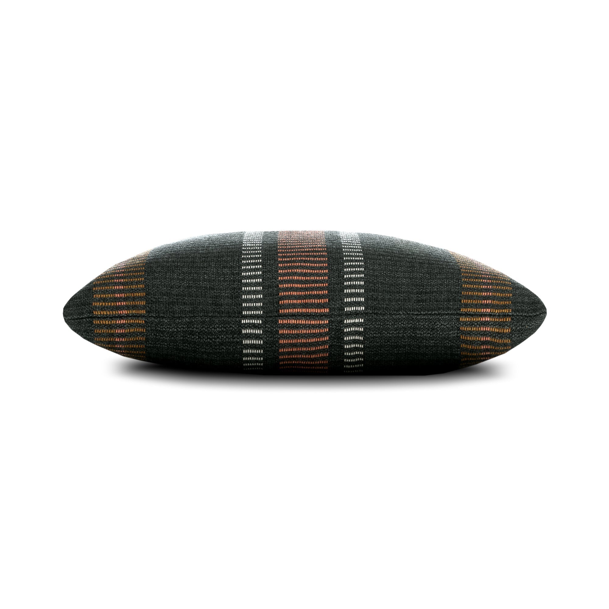Side image of charcoal geometric striped outdoor pillow square size for contemporary patio decor