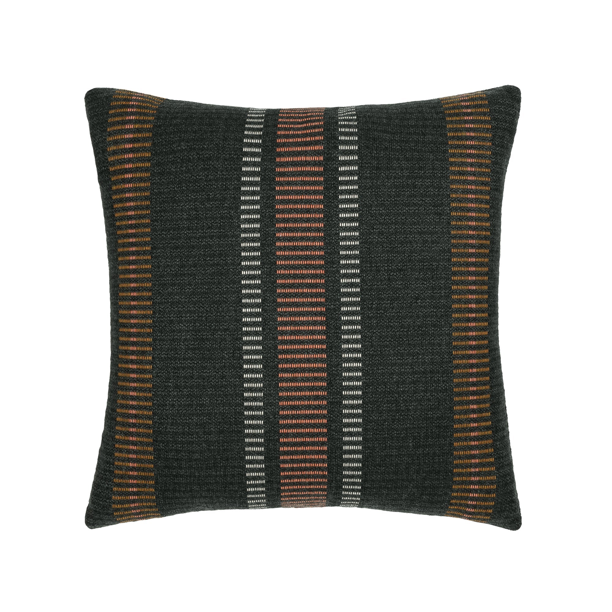 Pillow made from Earth-toned woven outdoor safe fabric with subtle stripe detailing – Journey Earth by Elaine Smith