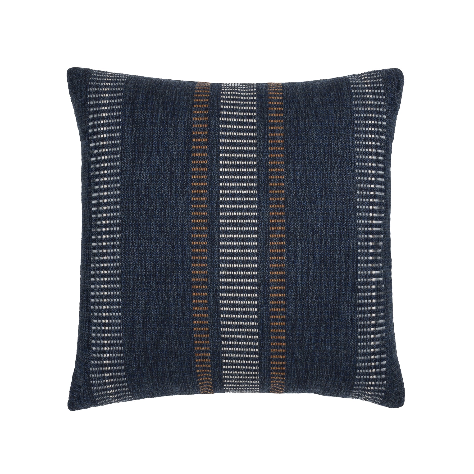 Pillow made from Striped indigo outdoor safe fabric with rich earth-tone accents – Journey Indigo by Elaine Smith