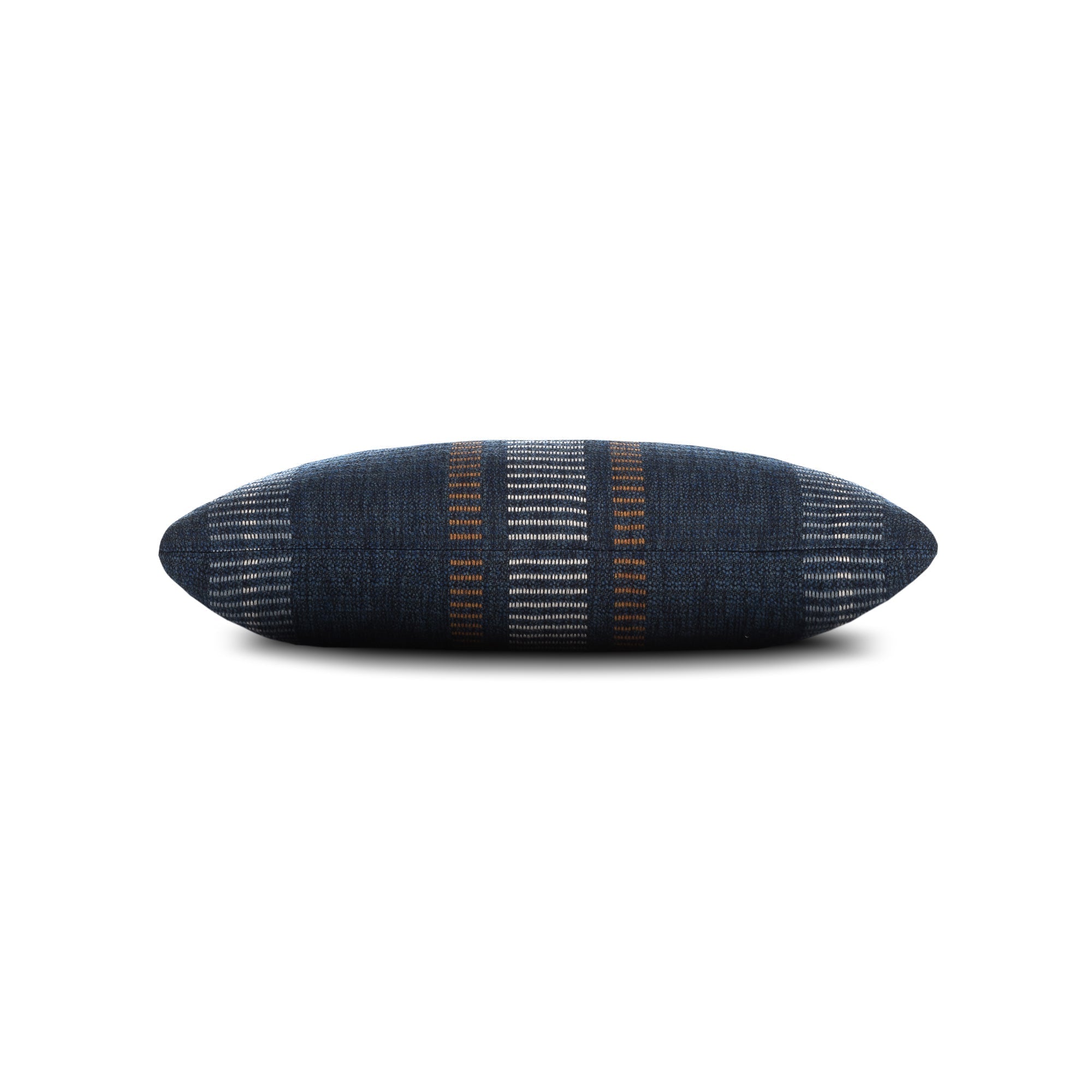 Side image of Navy textured outdoor pillow lumbar size for coastal patio decor