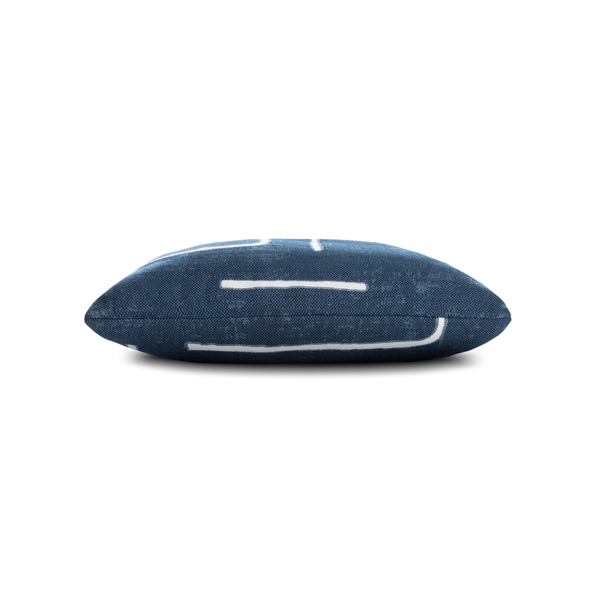 Side image of Denim abstract outdoor pillow in square size for classic patio decor by Elaine Smith