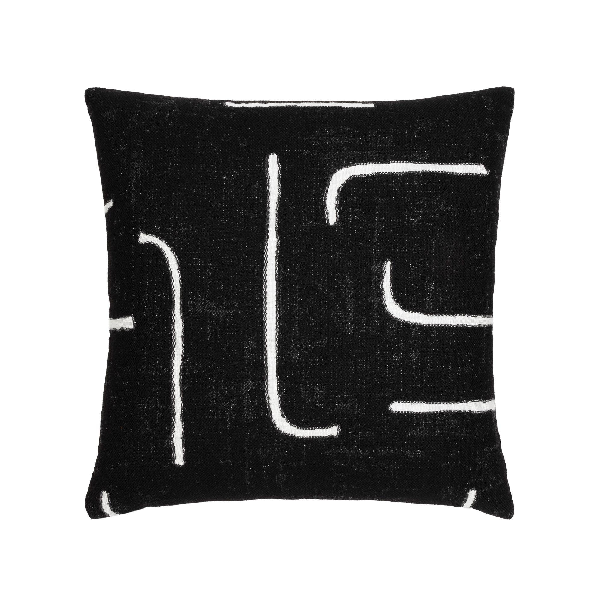 Pillow made from Ebony black outdoor safe woven fabric with abstract linear pattern – Instinct Ebony by Elaine Smith