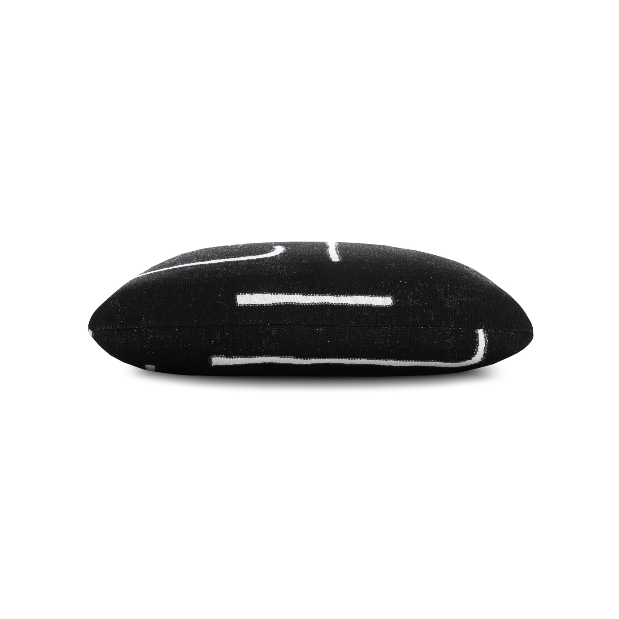 Side image of Black abstract outdoor pillow in square size for dramatic patio decor by Elaine Smith