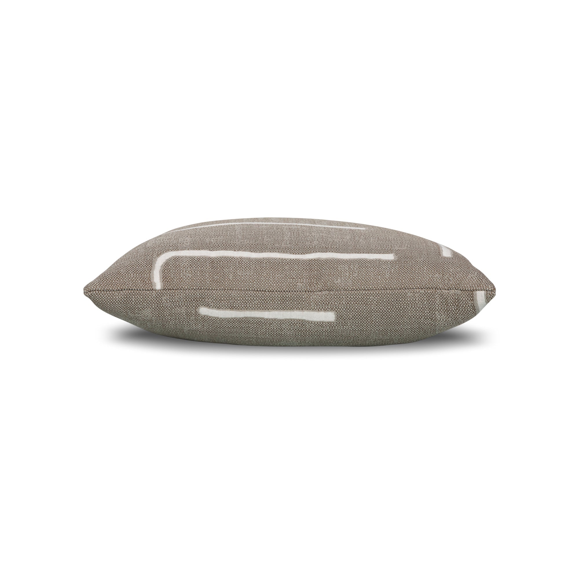 Side image of Taupe abstract outdoor pillow  in lumbar size for coastal patio decor