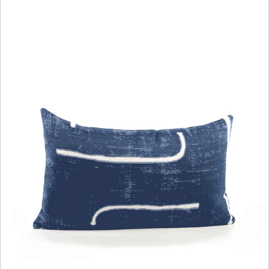360 video of Denim abstract outdoor pillow in lumbar size for nautical patio decor